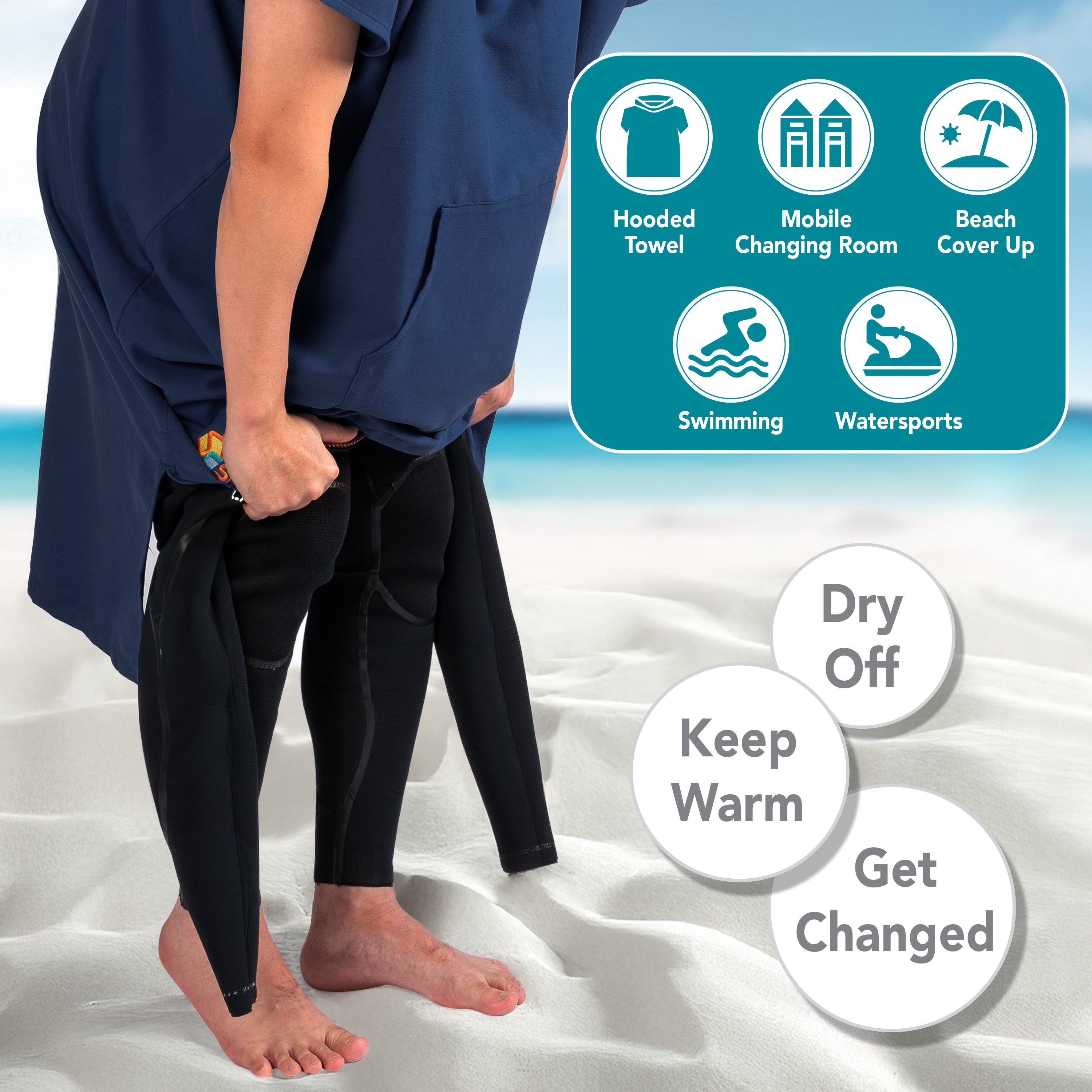 Surf Poncho Changing Robe with Hood, Microfiber - Adults