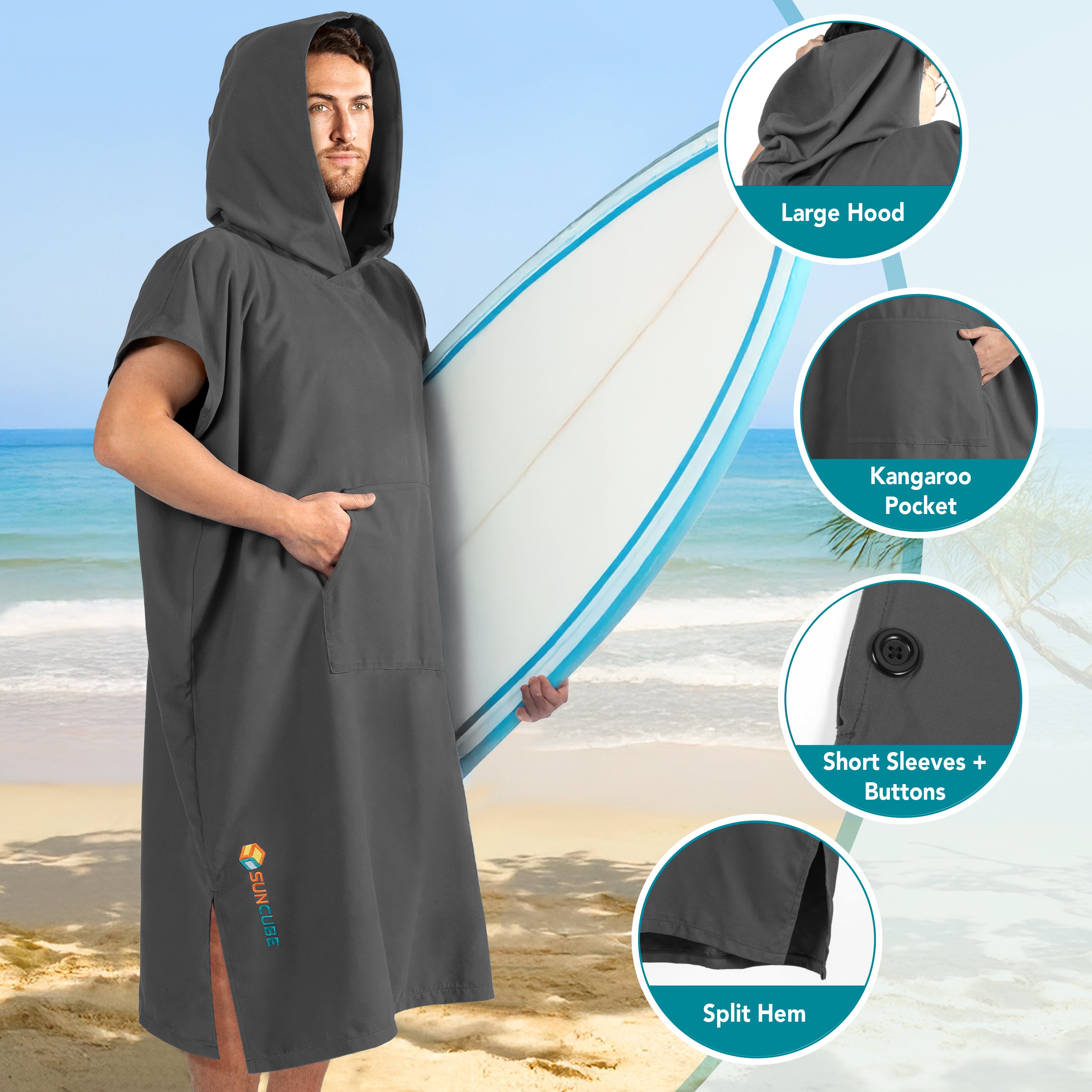 Surf Poncho Changing Robe with Hood, Microfiber - Adults