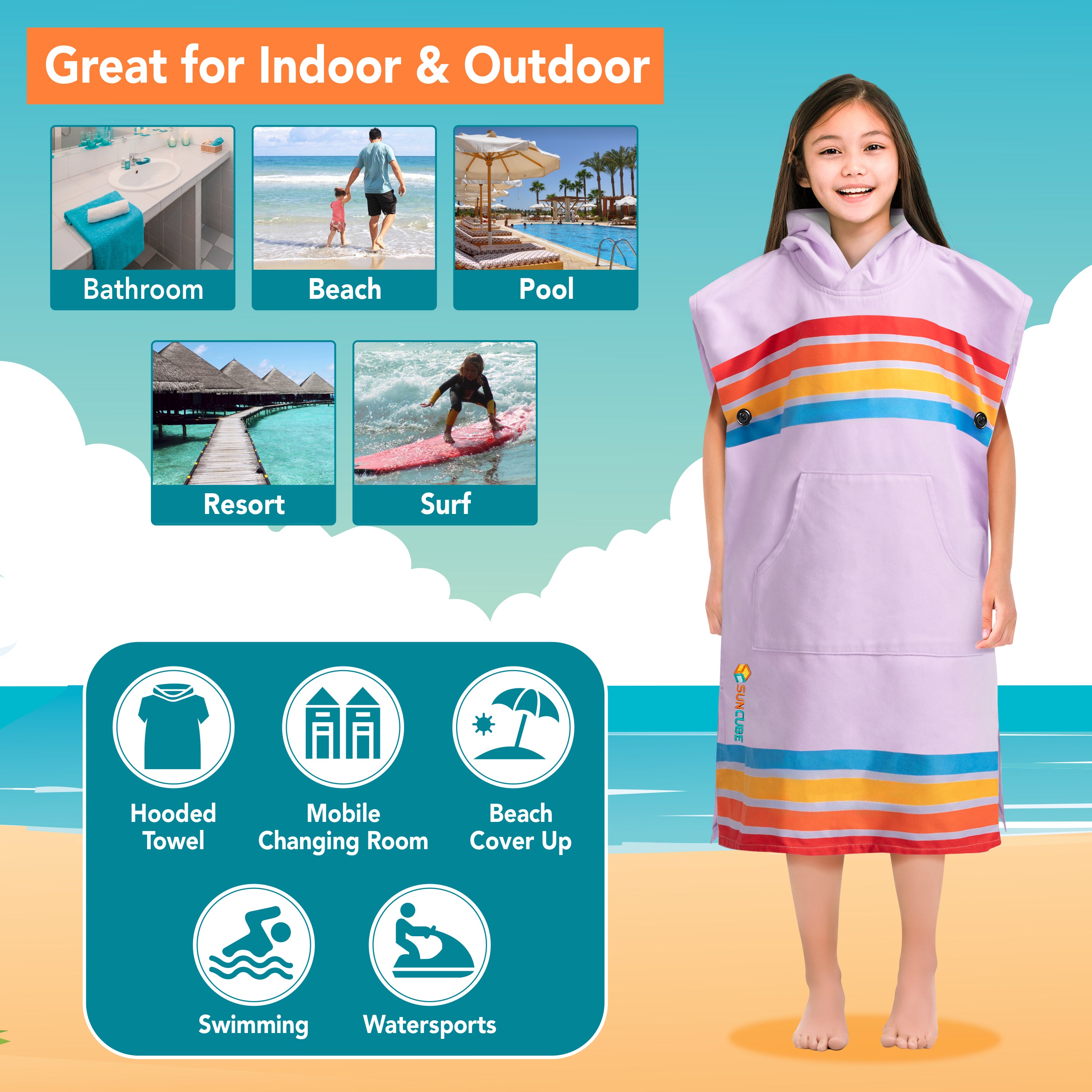 Surf Poncho Changing Robe with Hood, Microfiber - Kids / Teen