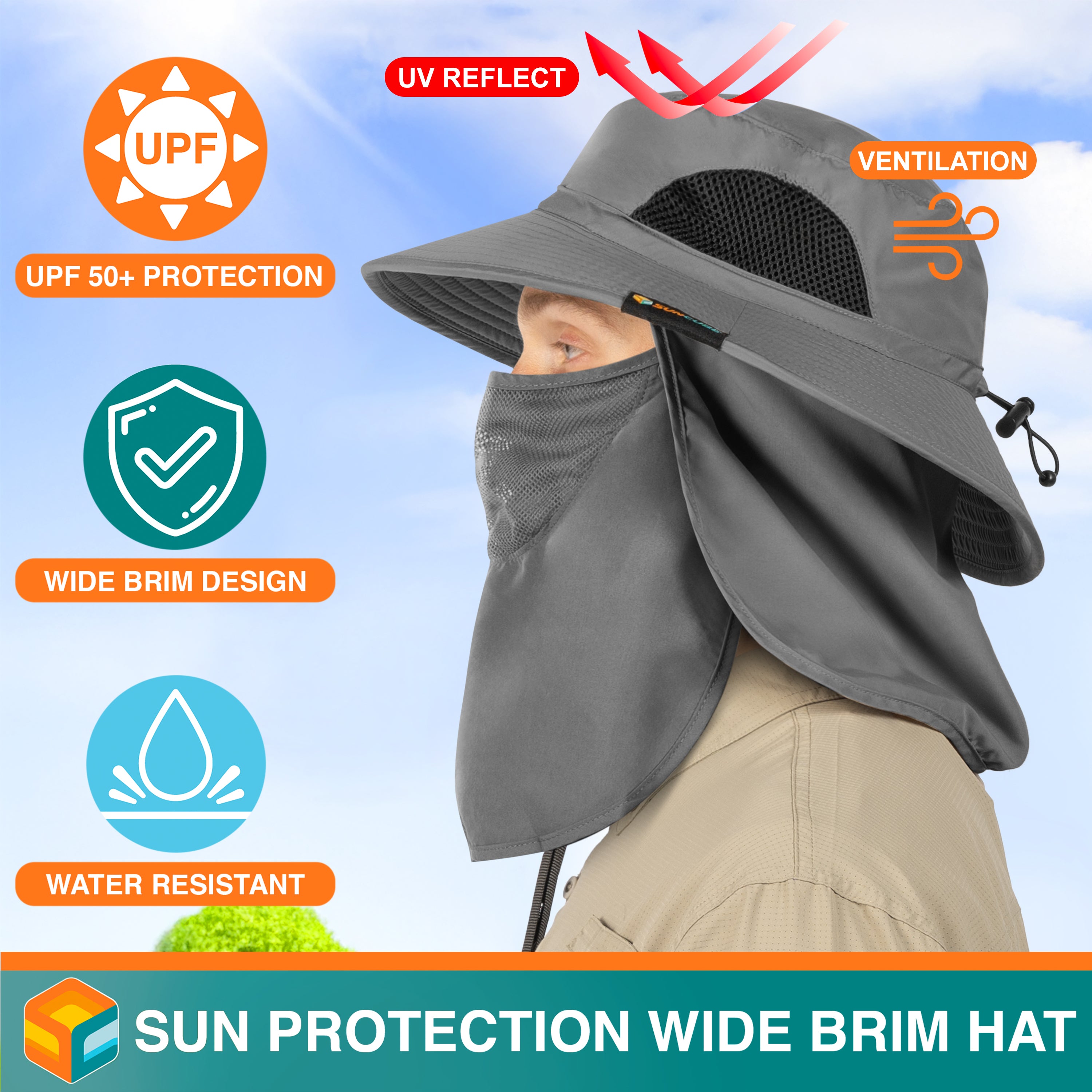 Unisex Wide Brim Hat with Neck Flap and Face Cover