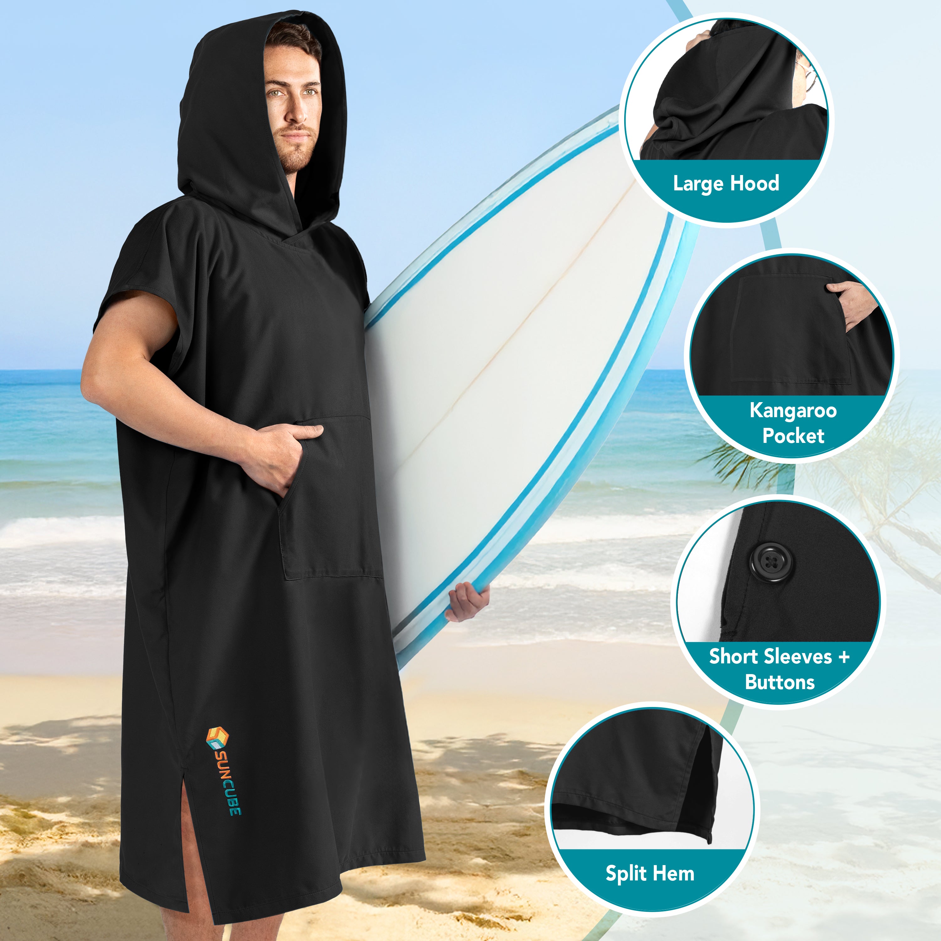 Surf Poncho Changing Robe with Hood, Microfiber - Adults