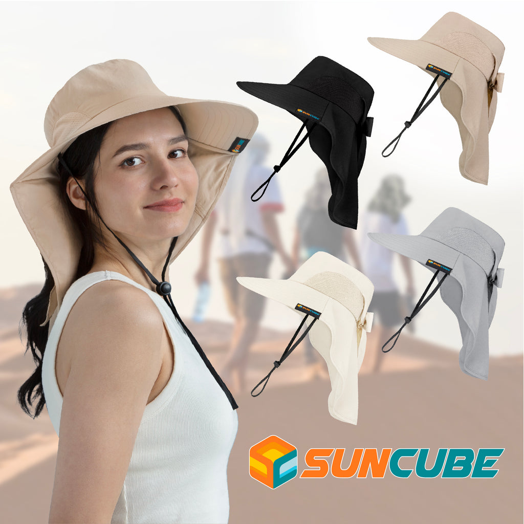 Womens Wide Brim Sun Hat with Bow and Neck Flap