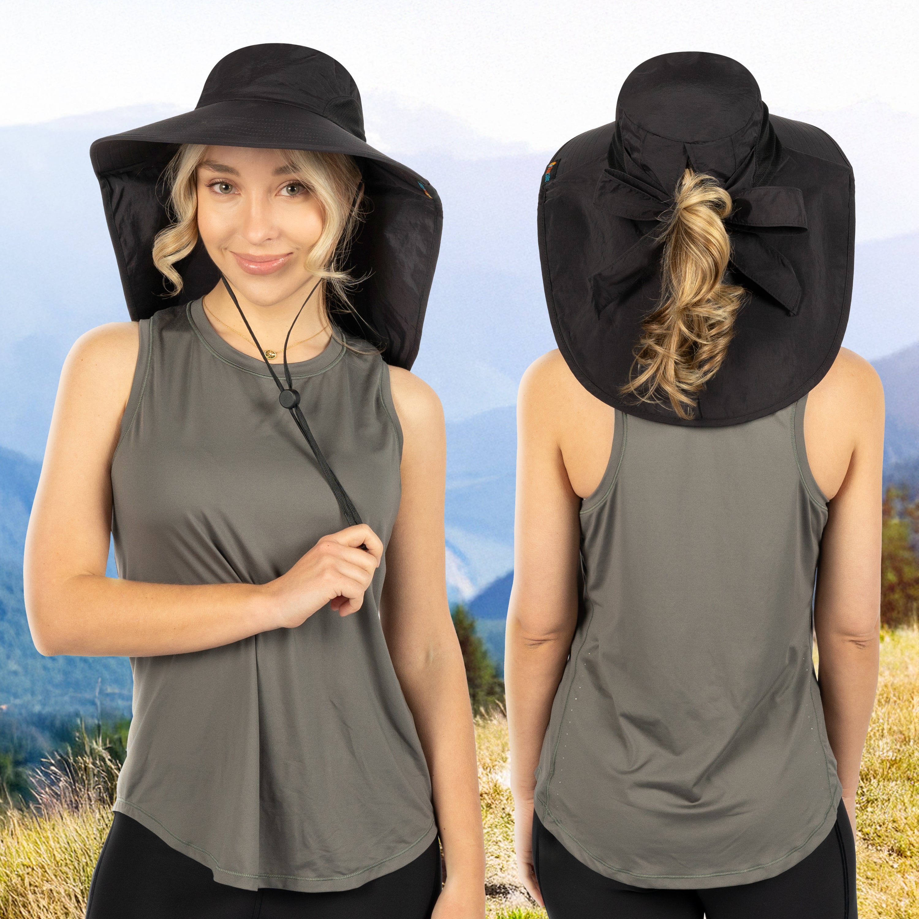 Womens Wide Brim Sun Hat with Bow and Neck Flap