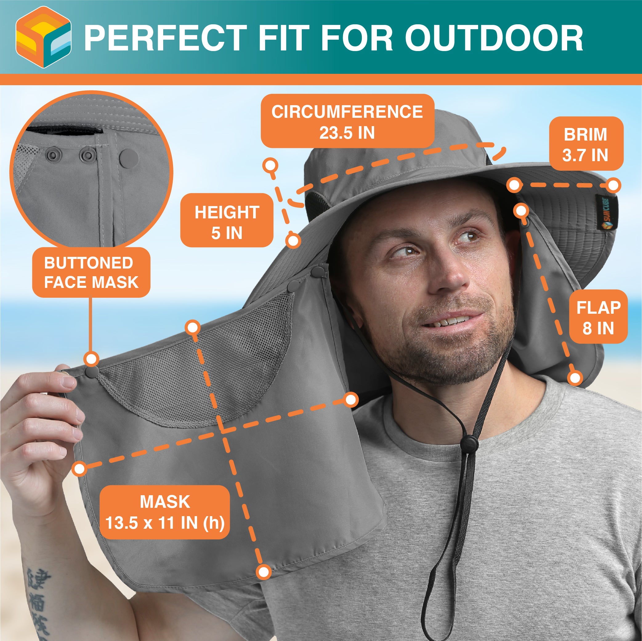 Unisex Wide Brim Hat with Neck Flap and Face Cover