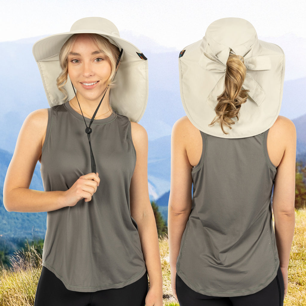 Womens Wide Brim Sun Hat with Bow and Neck Flap