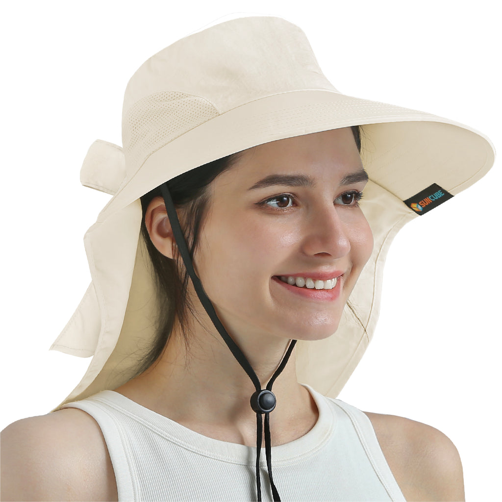Womens Wide Brim Sun Hat with Bow and Neck Flap