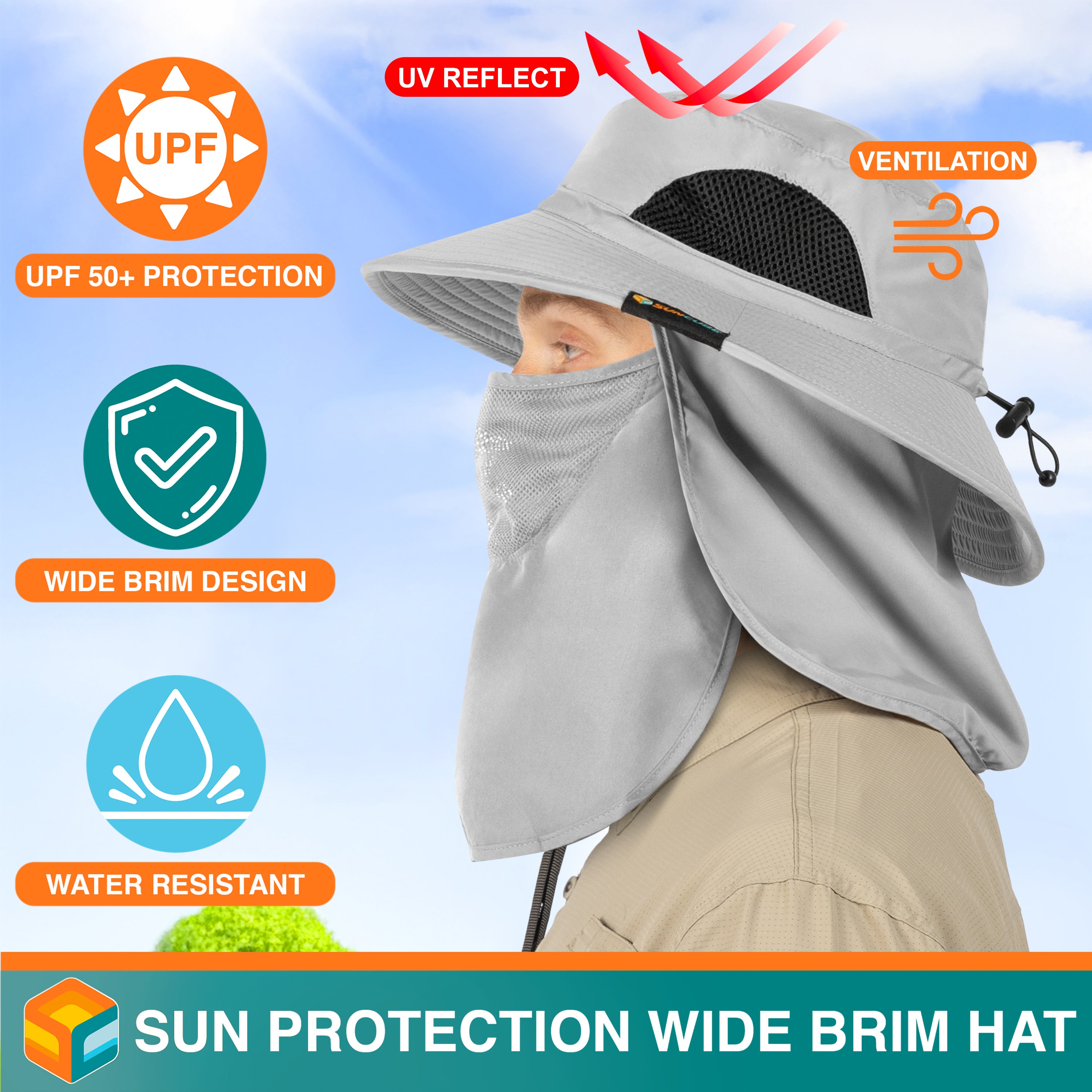 Unisex Wide Brim Hat with Neck Flap and Face Cover