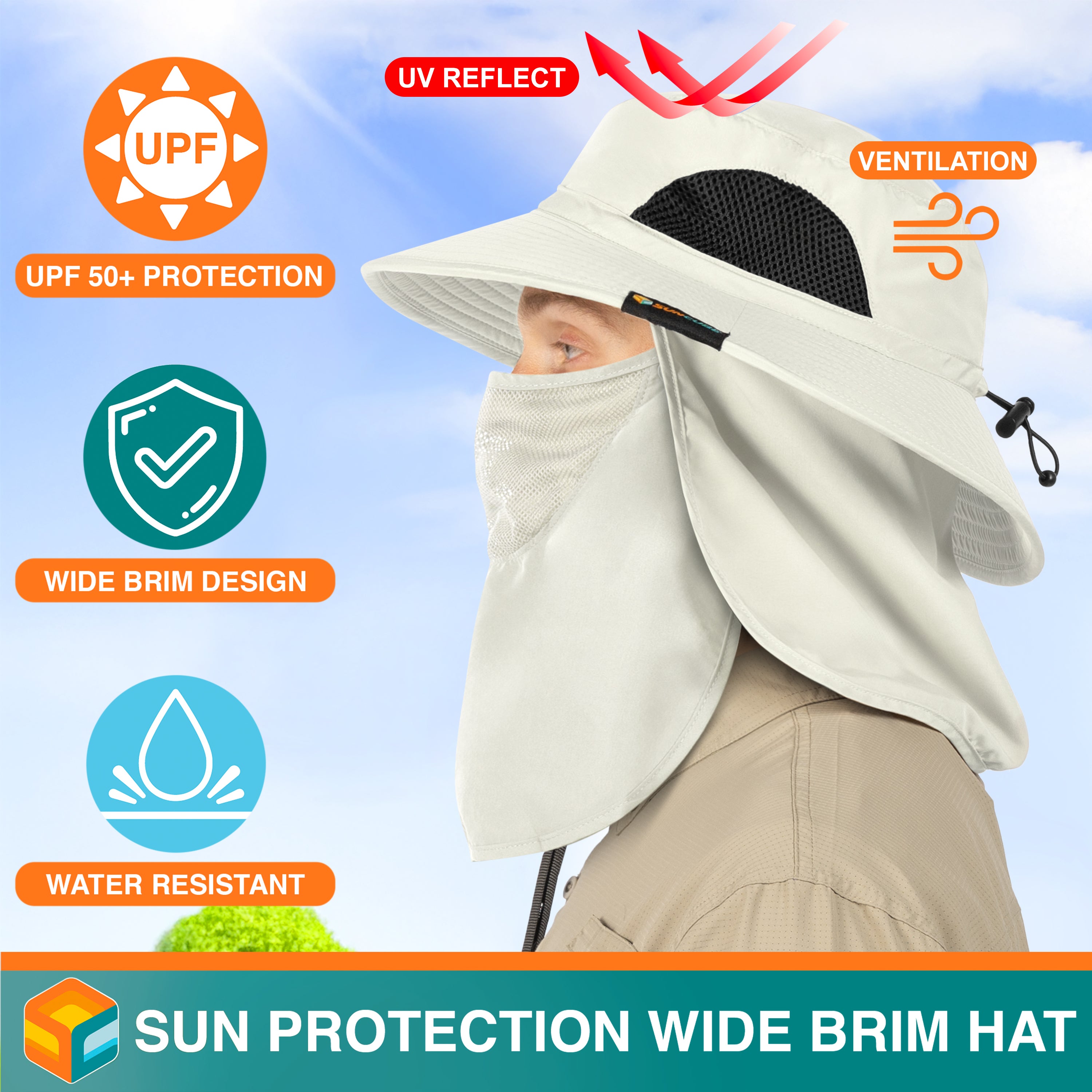 Unisex Wide Brim Hat with Neck Flap and Face Cover