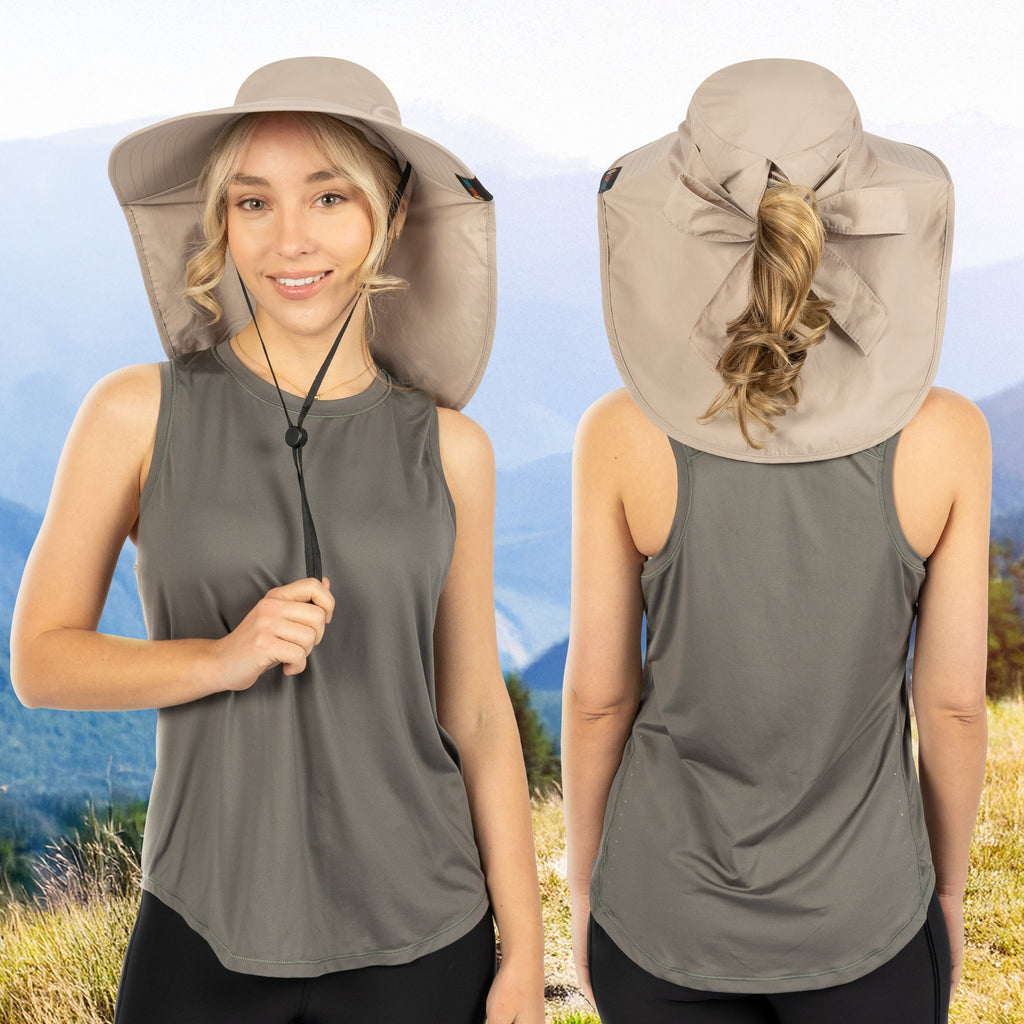 Womens Wide Brim Sun Hat with Bow and Neck Flap
