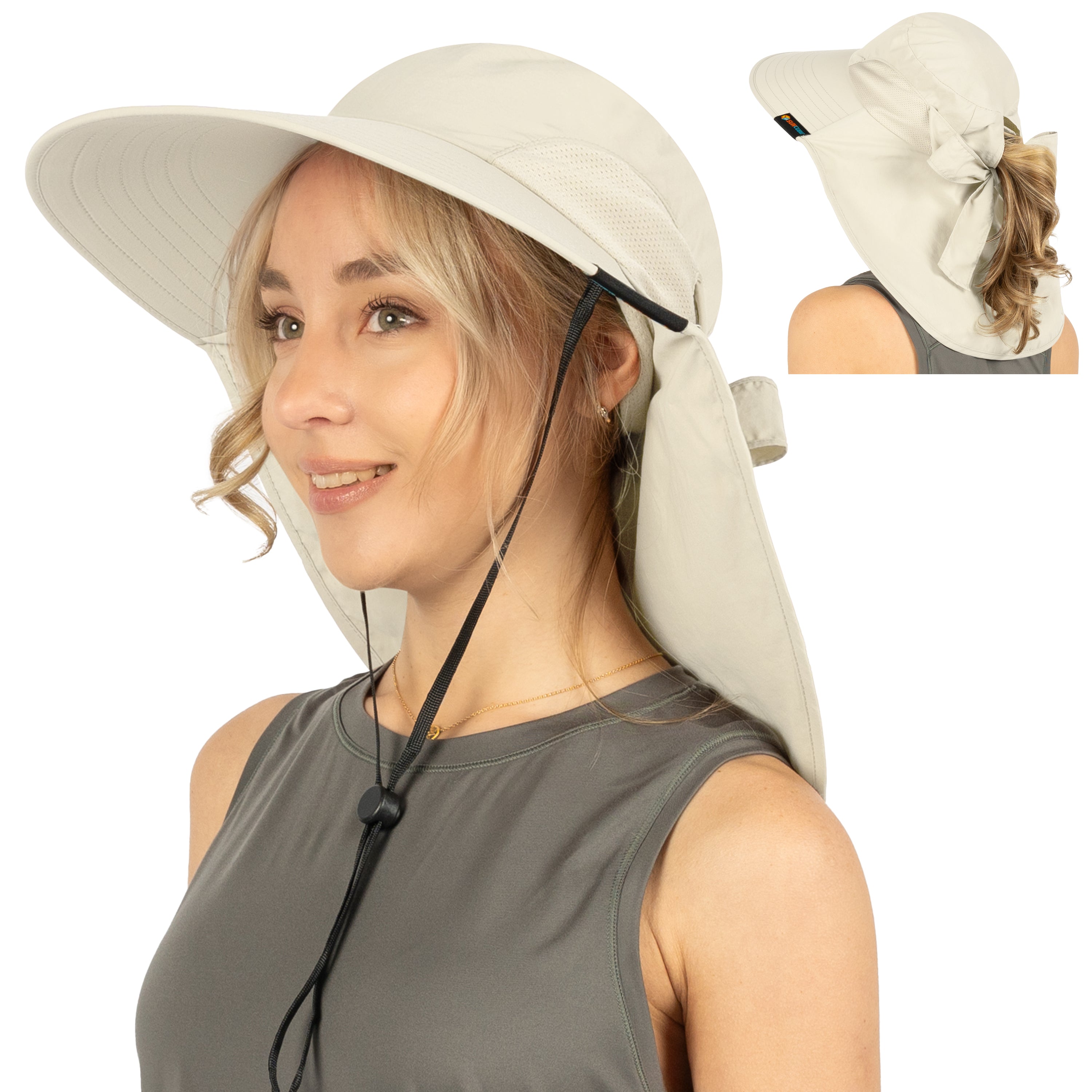 Womens Wide Brim Sun Hat with Bow and Neck Flap
