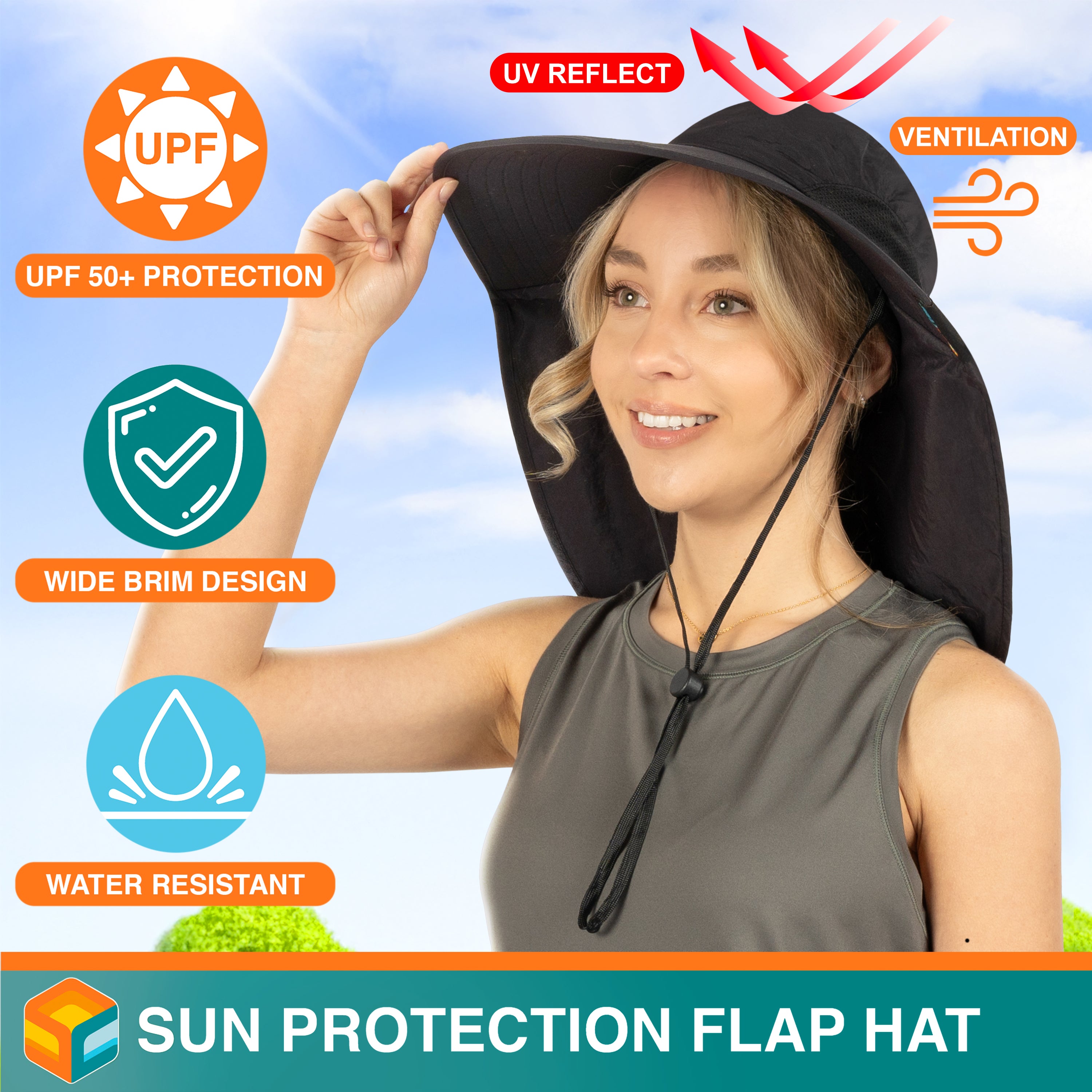 Womens Wide Brim Sun Hat with Bow and Neck Flap