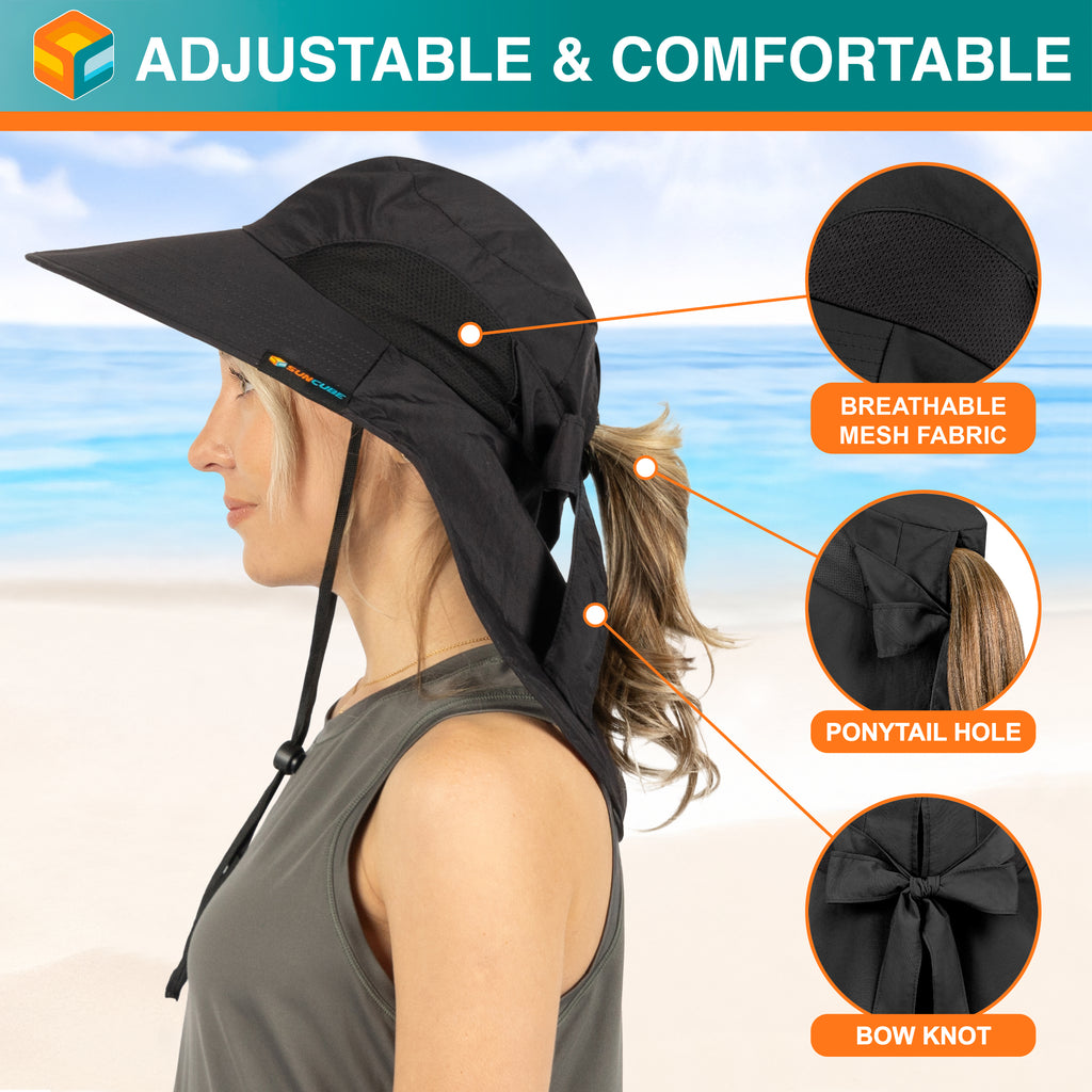 Womens Wide Brim Sun Hat with Bow and Neck Flap