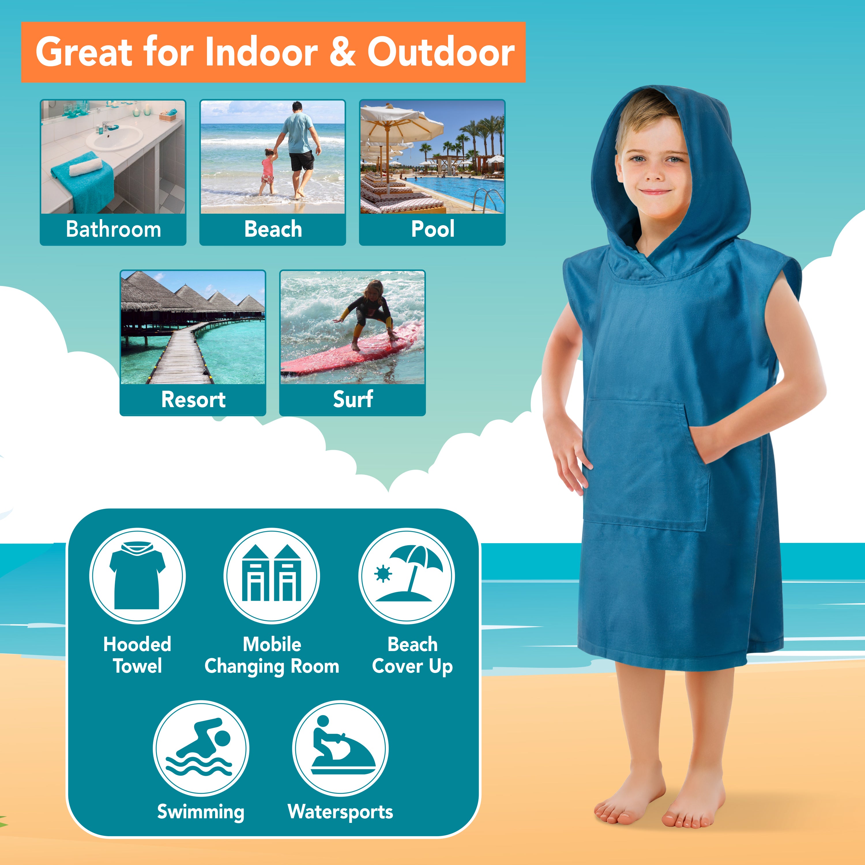 Surf Poncho Changing Robe with Hood, Microfiber - Kids / Teen