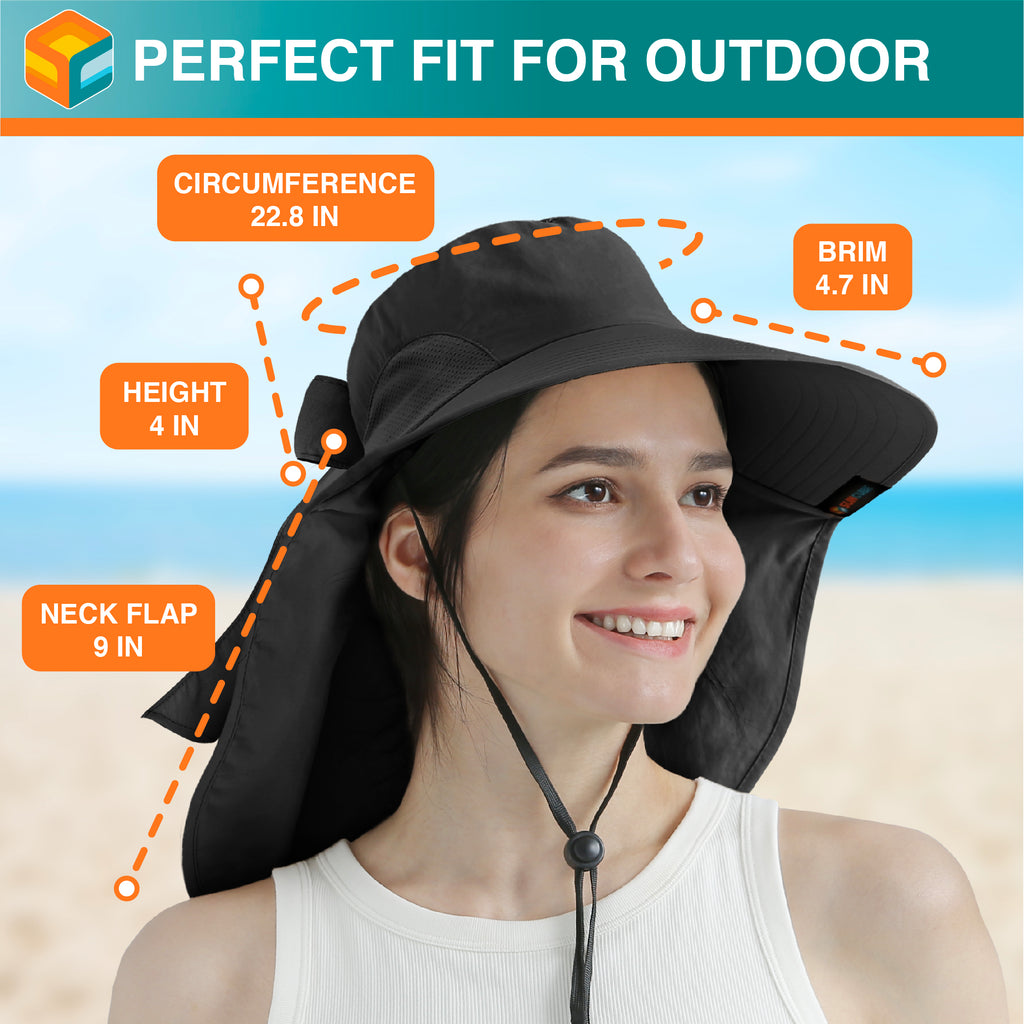 Womens Wide Brim Sun Hat with Bow and Neck Flap