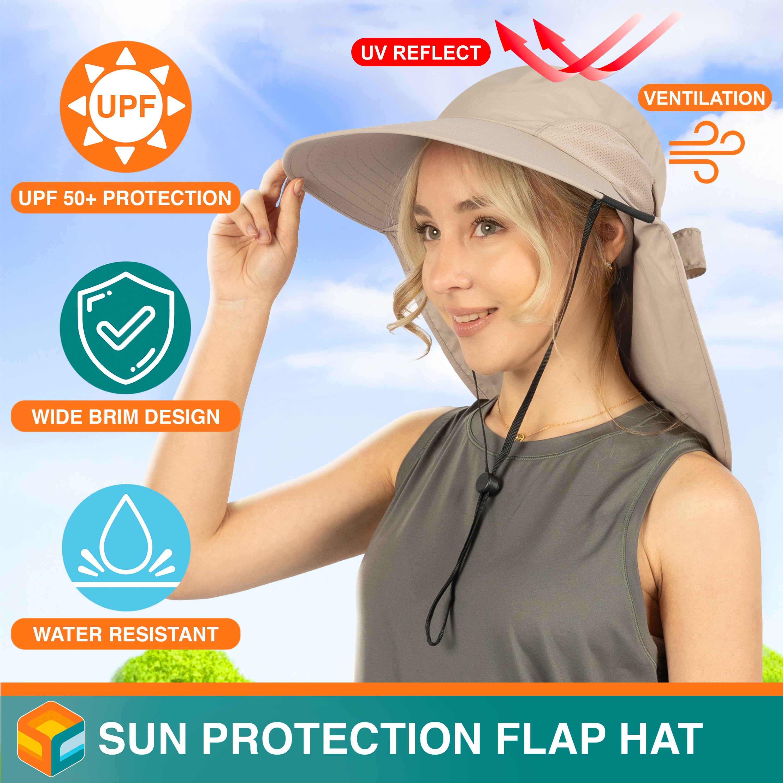 Womens Wide Brim Sun Hat with Bow and Neck Flap
