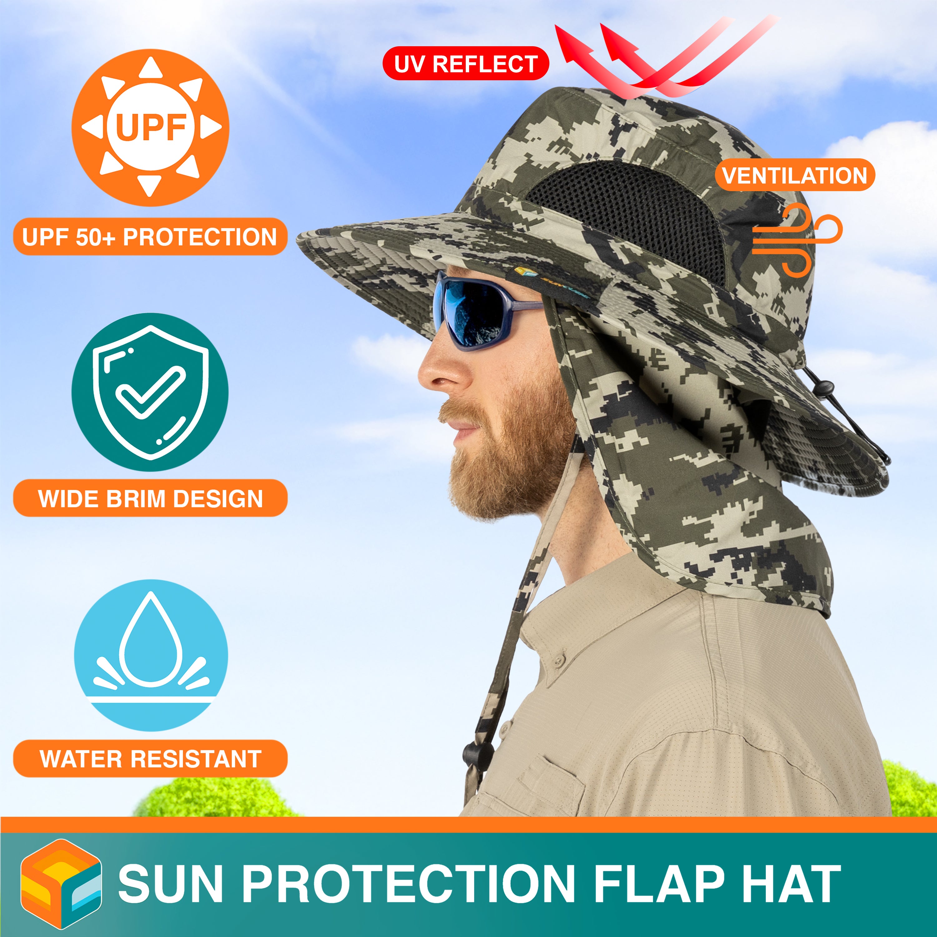Unisex Wide Brim Sun Hat with Side Vent and Neck Flap Cover