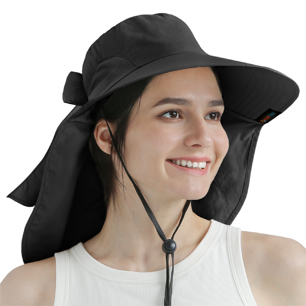 Womens Wide Brim Sun Hat with Bow and Neck Flap