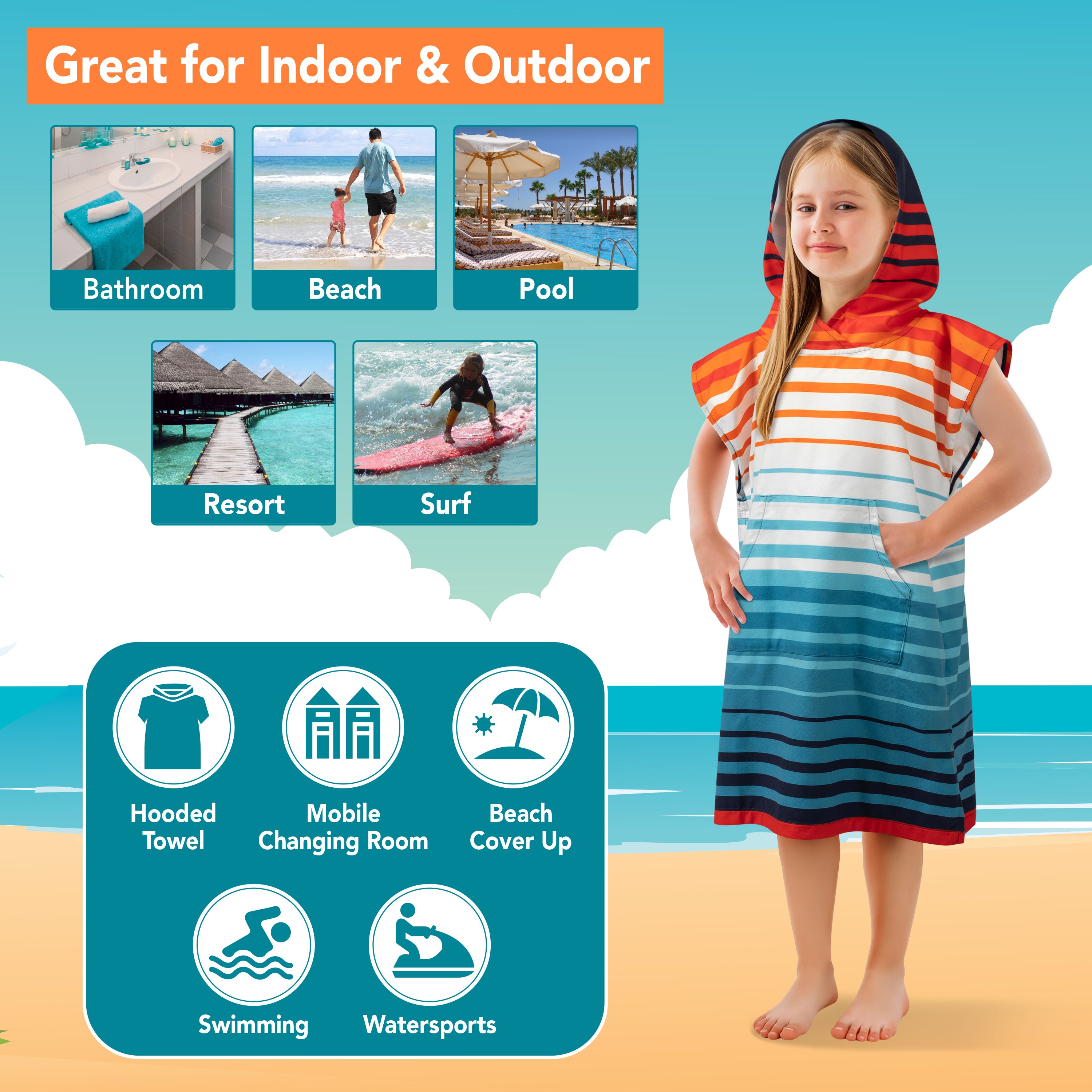 Surf Poncho Changing Robe with Hood, Microfiber - Kids / Teen
