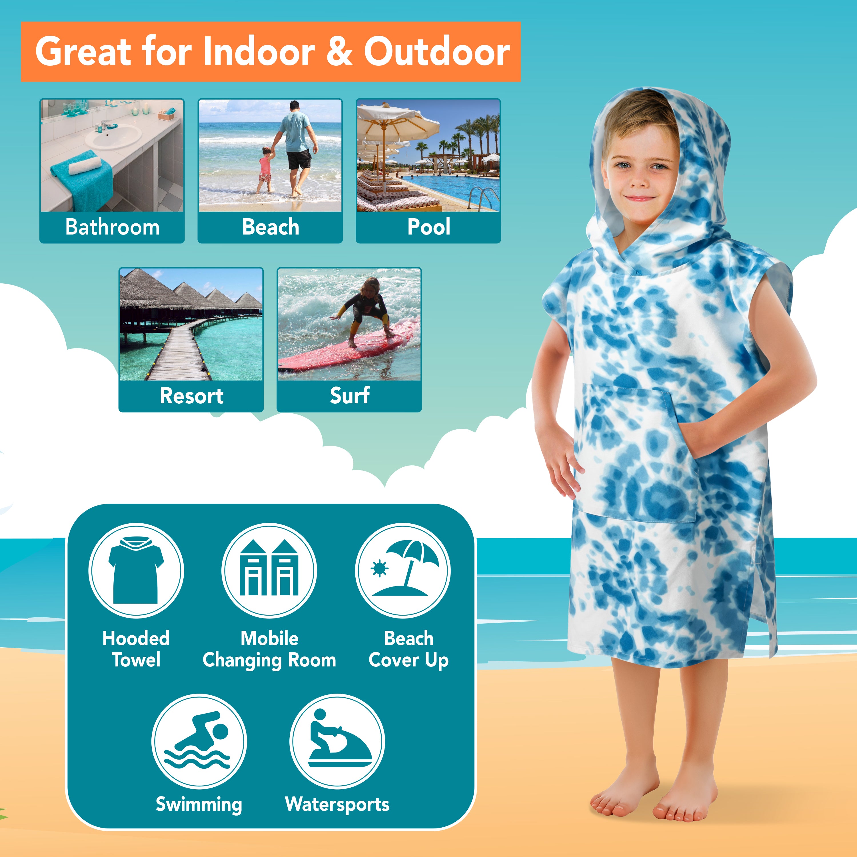 Surf Poncho Changing Robe with Hood, Microfiber - Kids / Teen