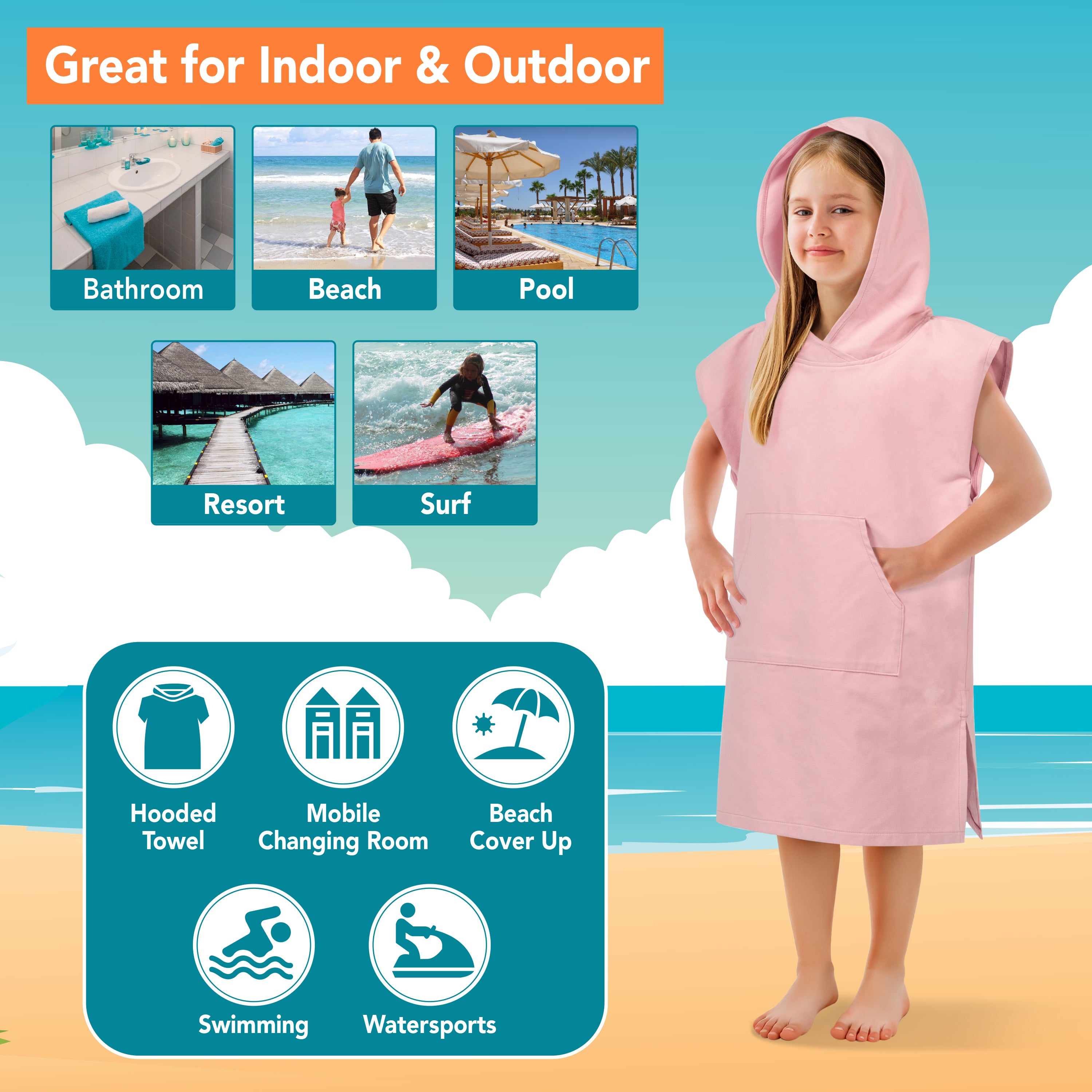 Surf Poncho Changing Robe with Hood, Microfiber - Kids / Teen