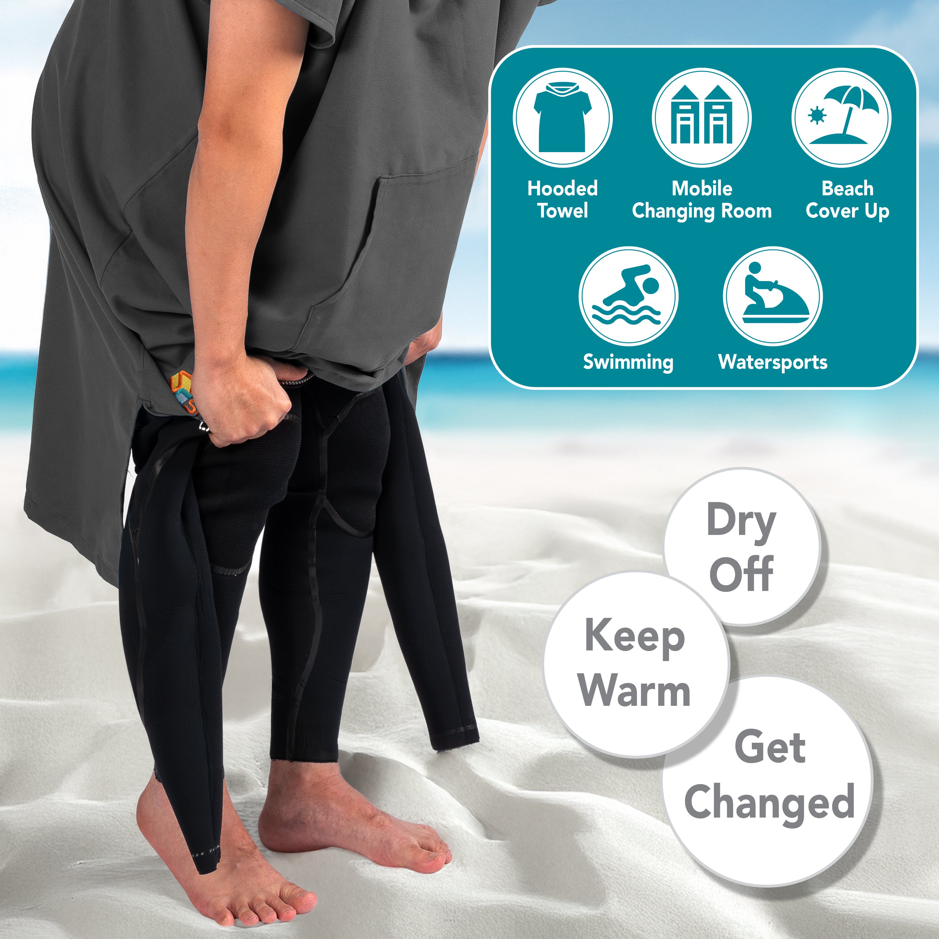 Surf Poncho Changing Robe with Hood, Microfiber - Adults