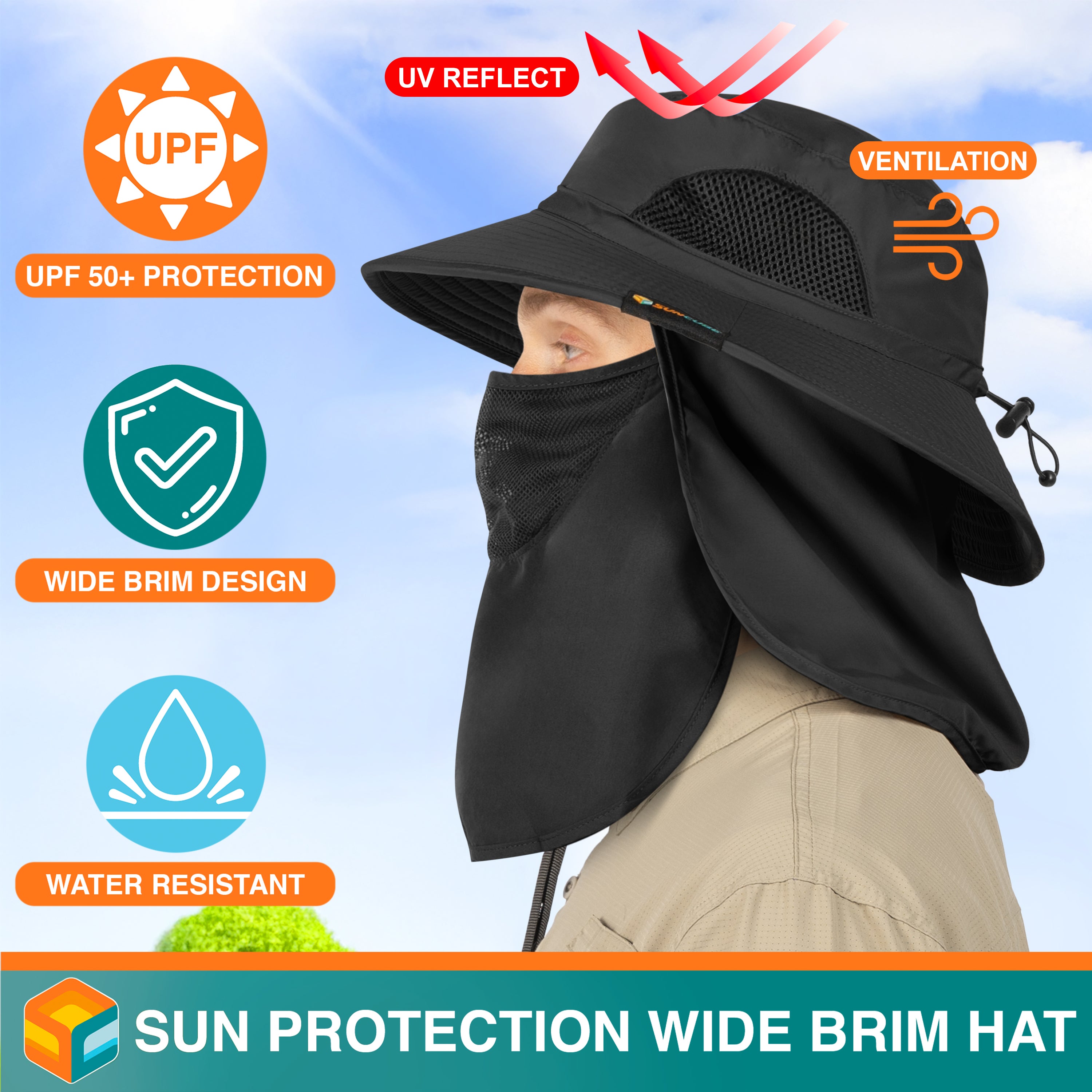 Unisex Wide Brim Hat with Neck Flap and Face Cover