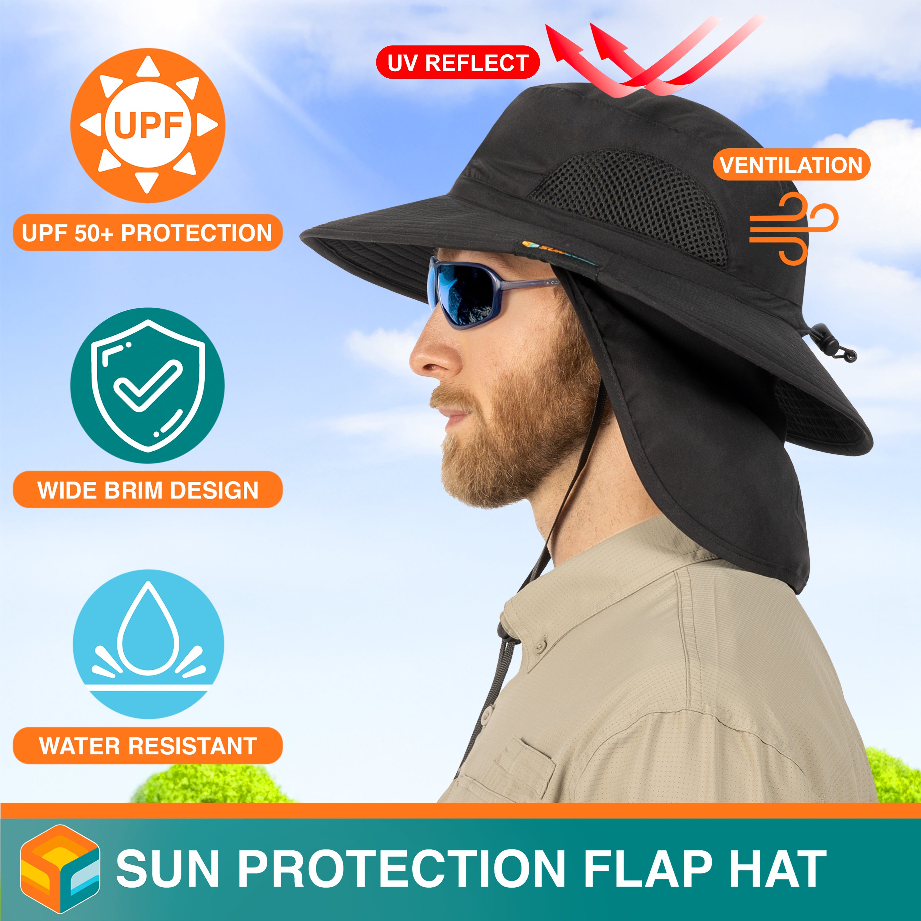 Unisex Wide Brim Sun Hat with Side Vent and Neck Flap Cover