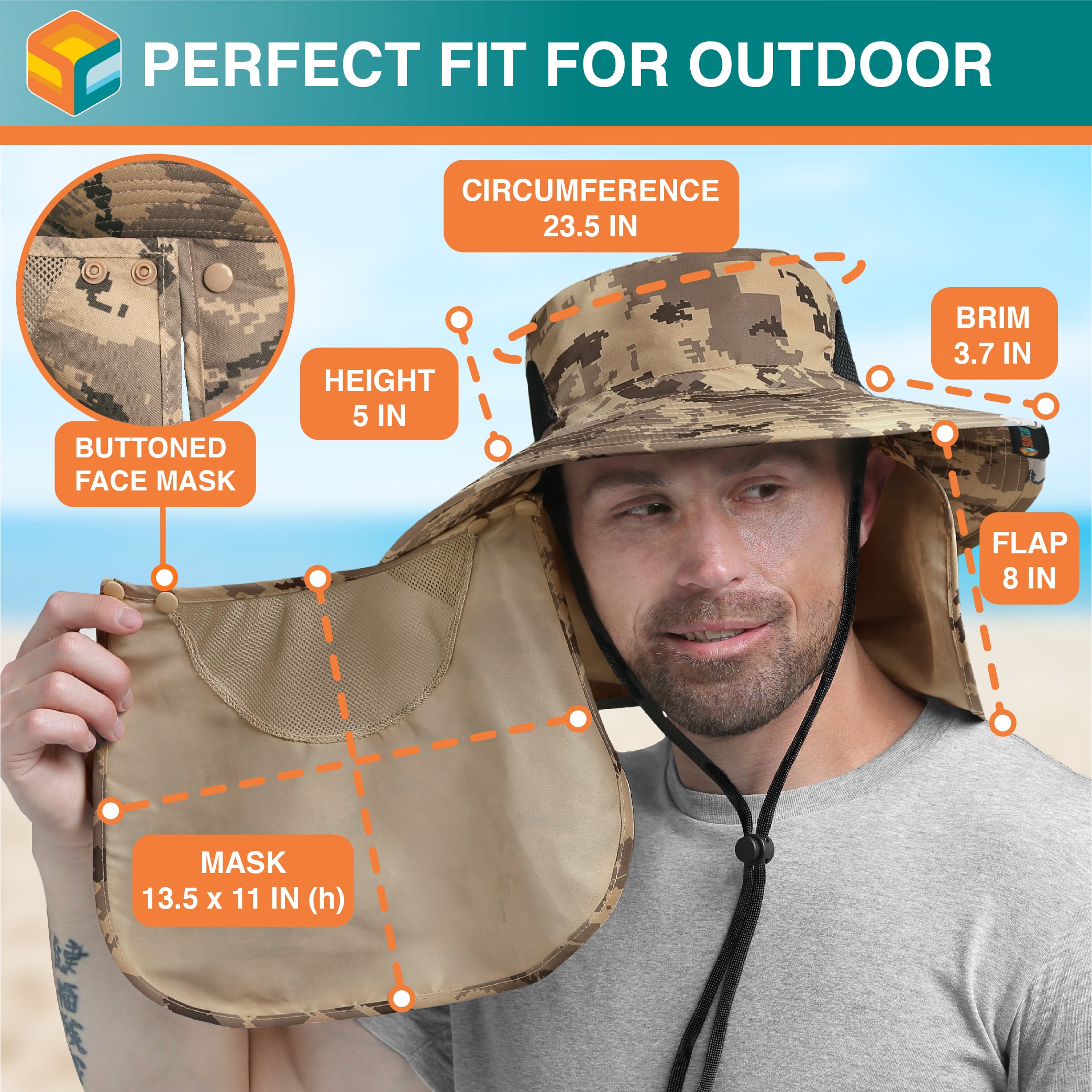 Unisex Wide Brim Hat with Neck Flap and Face Cover