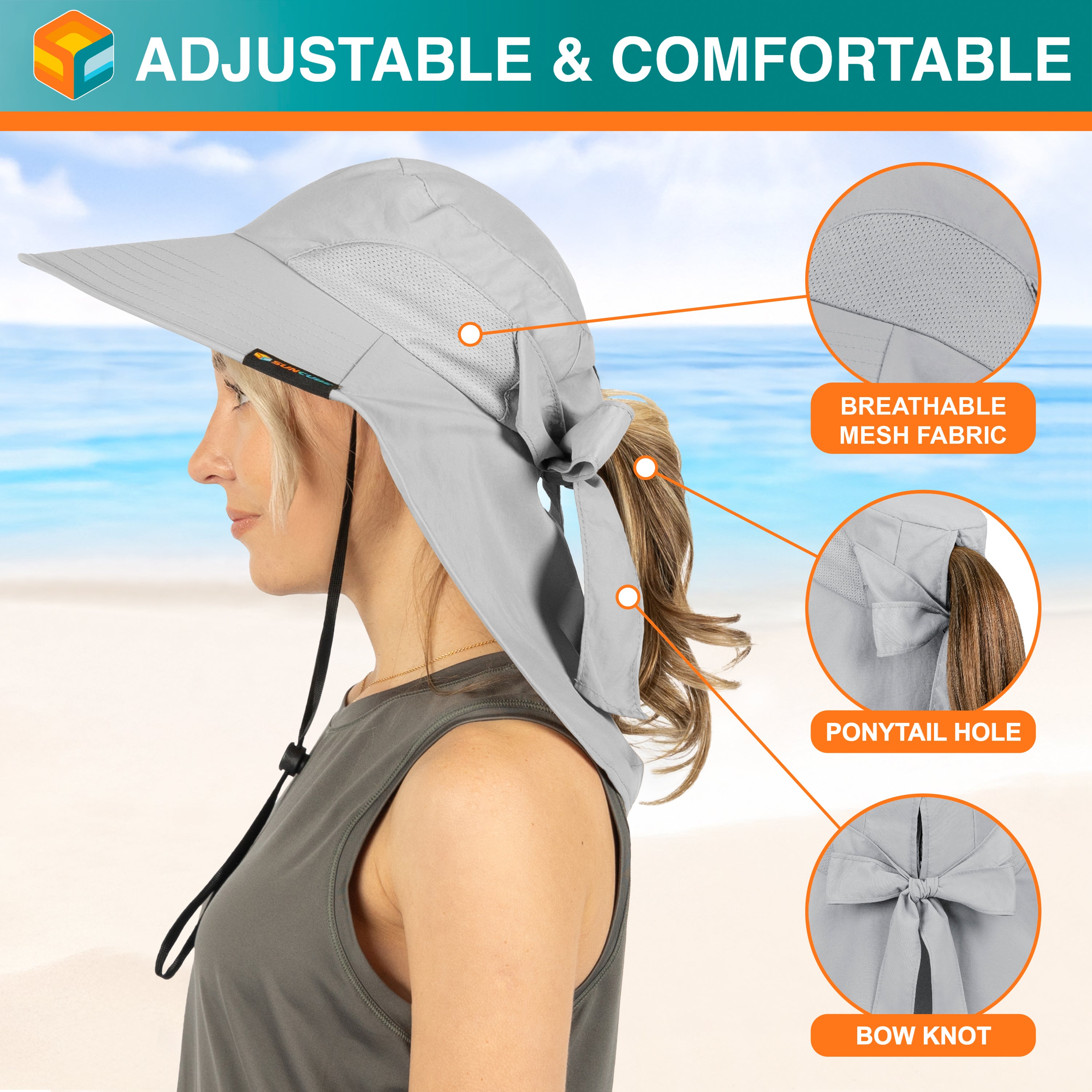 Womens Wide Brim Sun Hat with Bow and Neck Flap