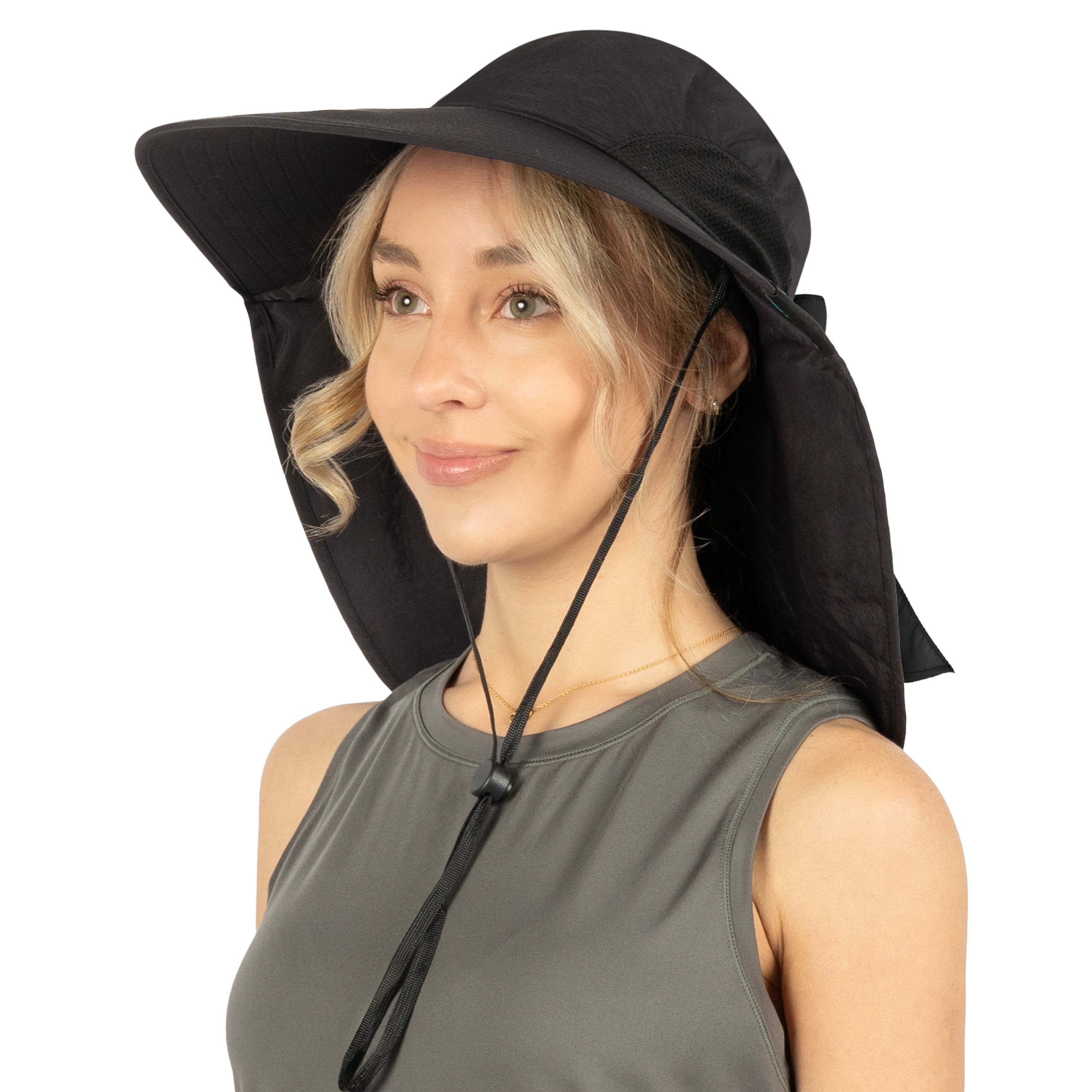Womens Wide Brim Sun Hat with Bow and Neck Flap