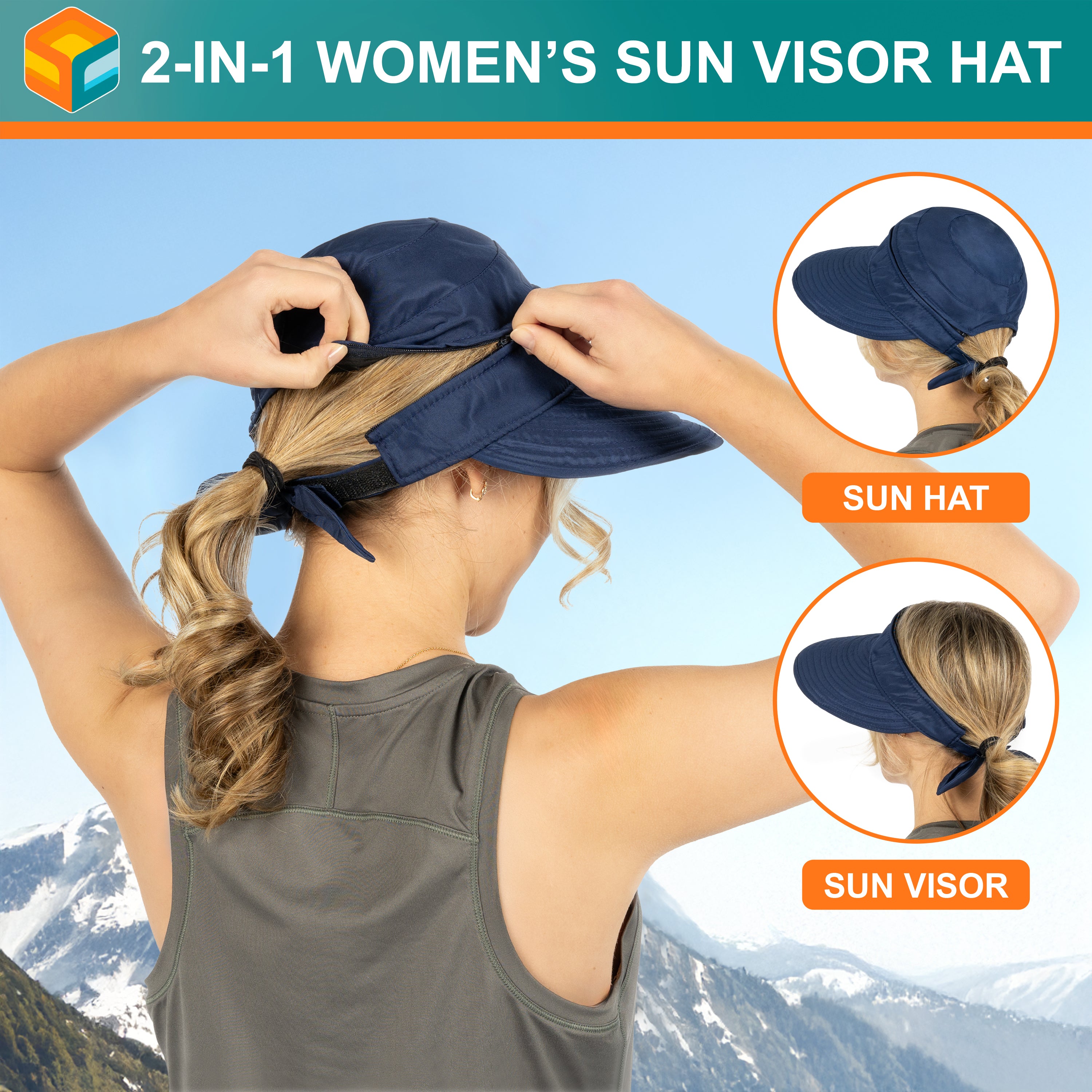 Womens Convertible Zip Off Sun Visor Hat