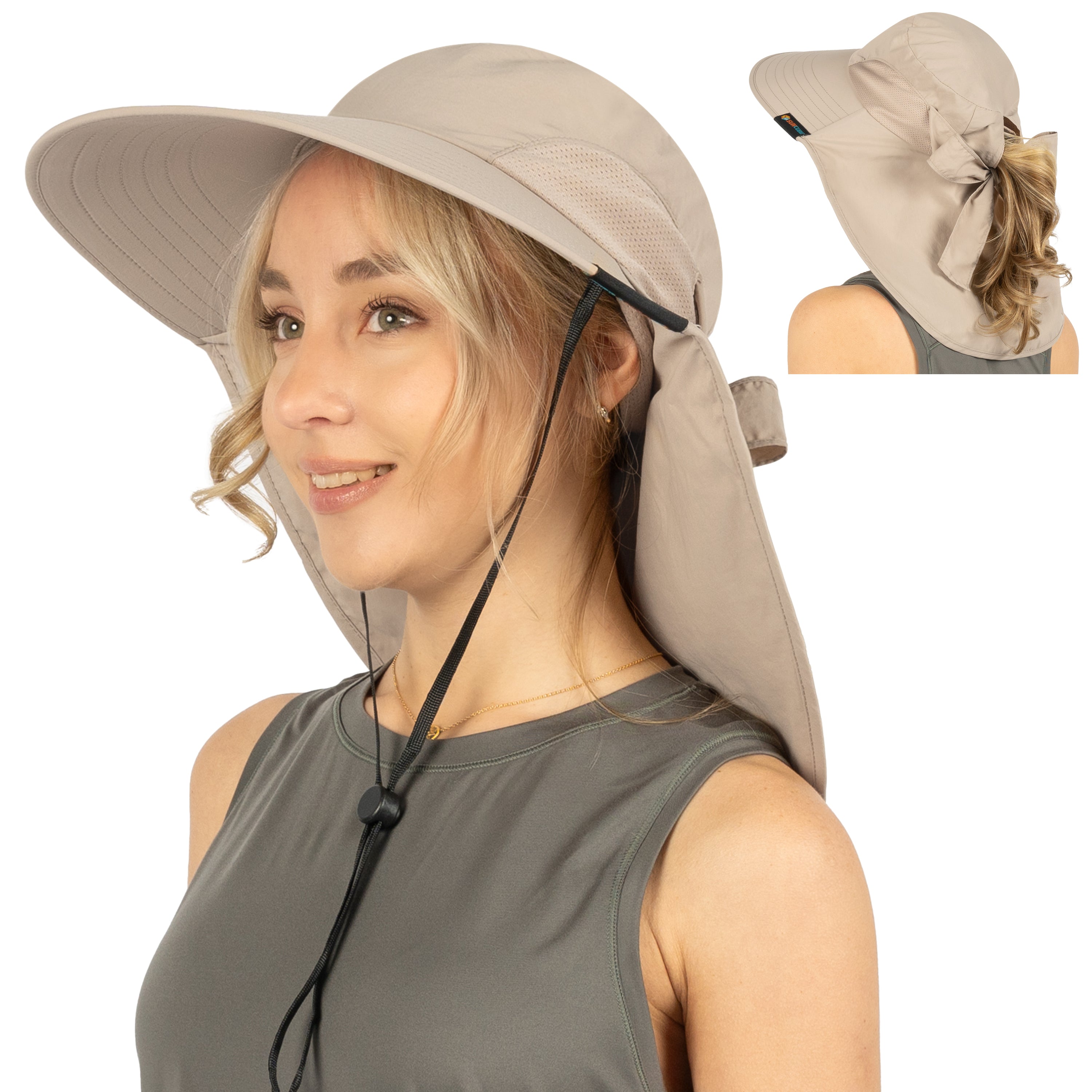 Womens Wide Brim Sun Hat with Bow and Neck Flap