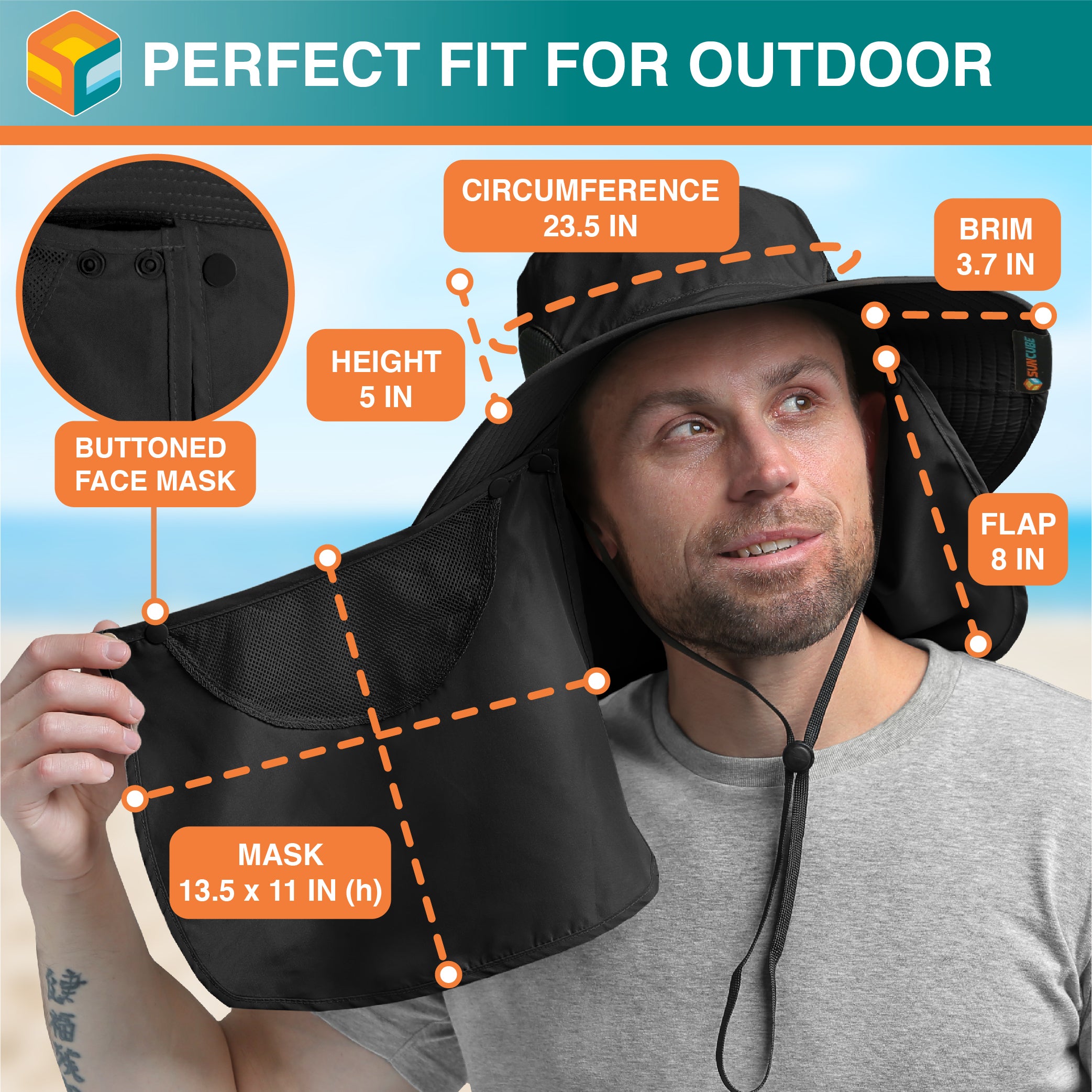 Unisex Wide Brim Hat with Neck Flap and Face Cover