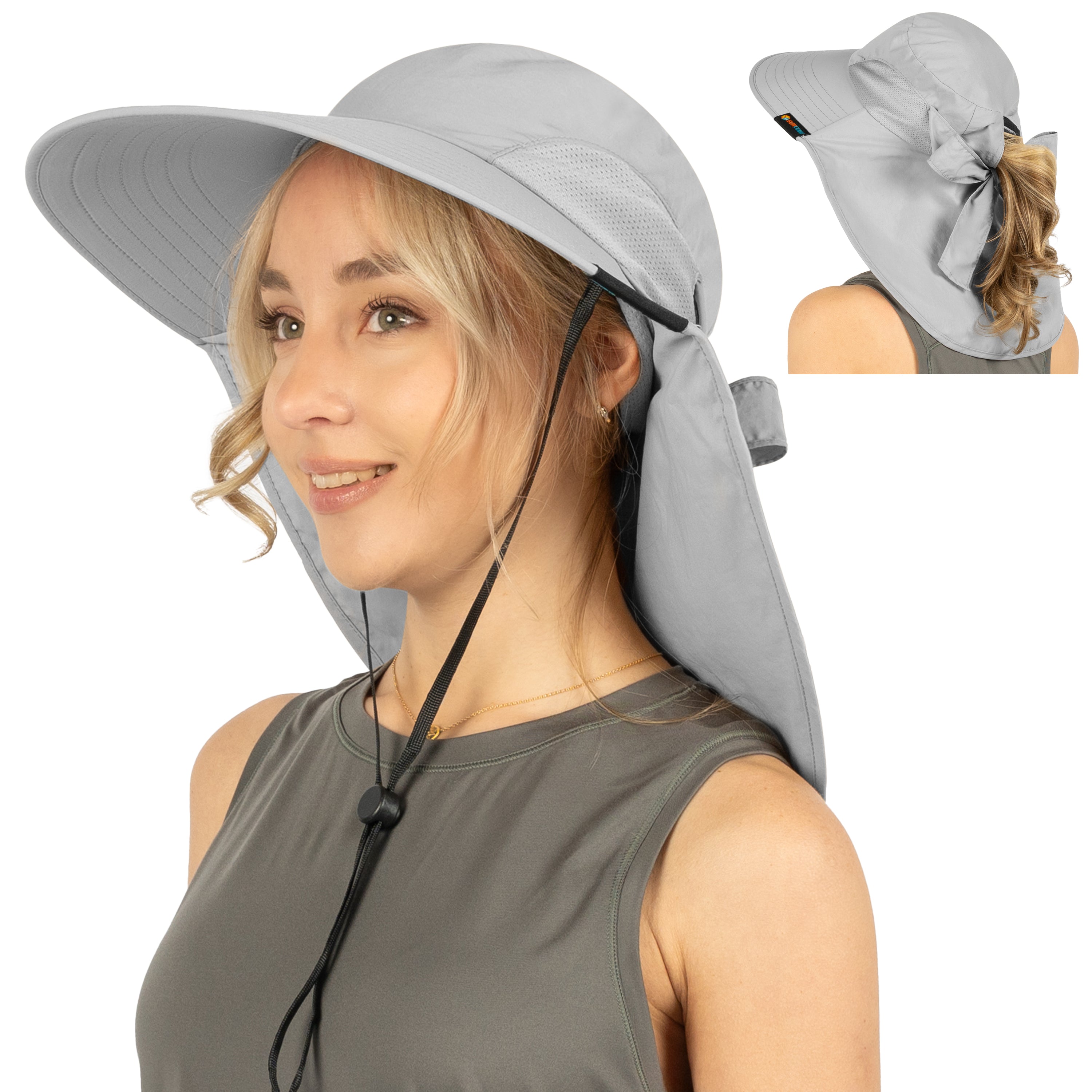 Womens Wide Brim Sun Hat with Bow and Neck Flap