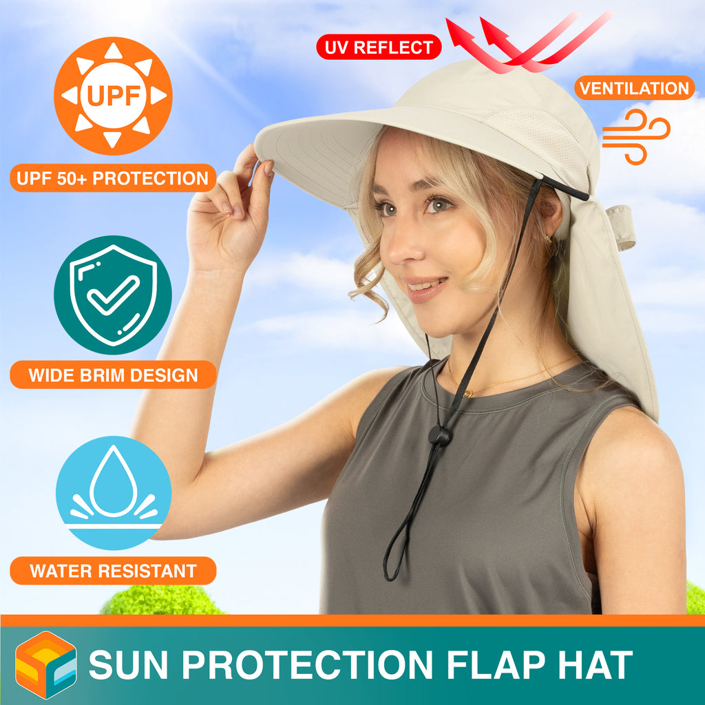 Womens Wide Brim Sun Hat with Bow and Neck Flap