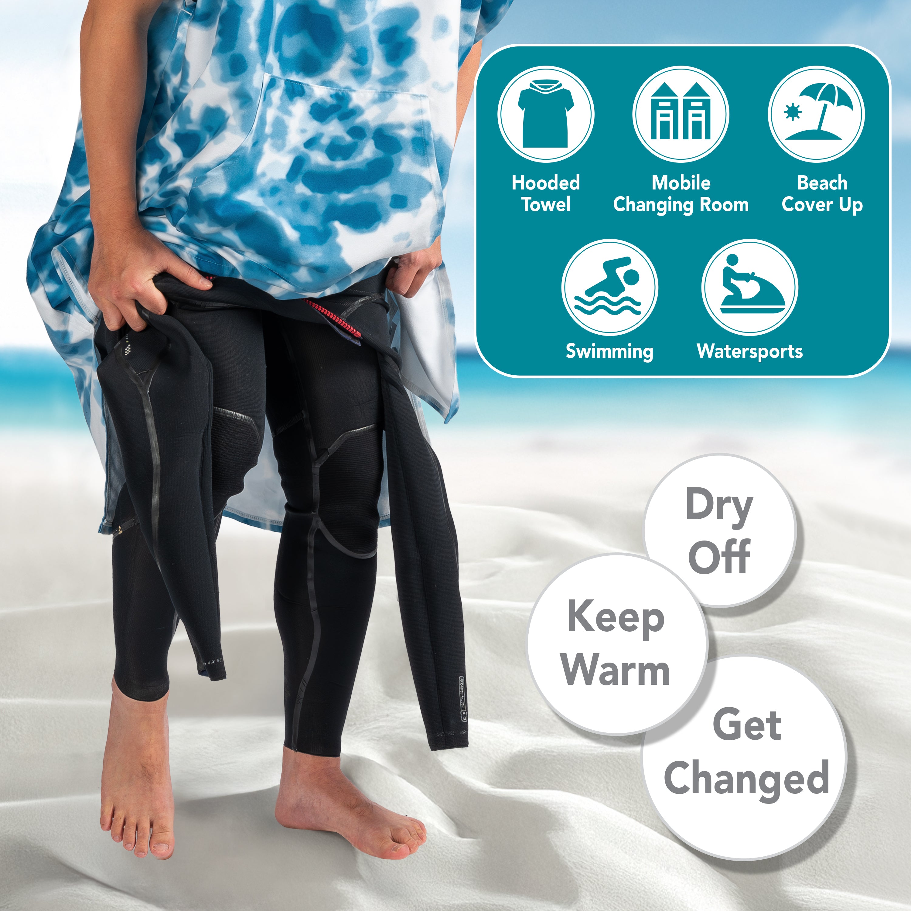 Surf Poncho Changing Robe with Hood, Microfiber - Adults