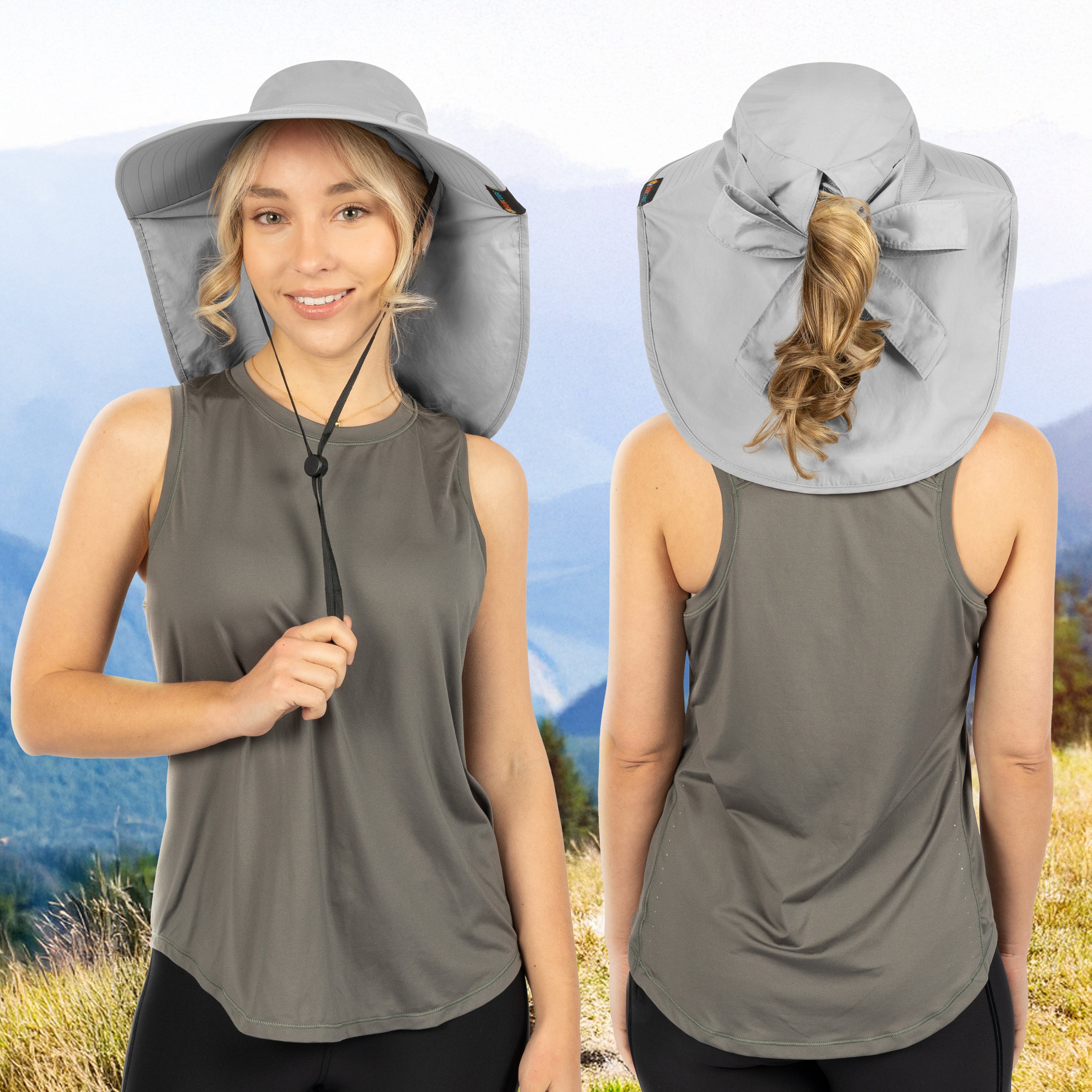 Womens Wide Brim Sun Hat with Bow and Neck Flap