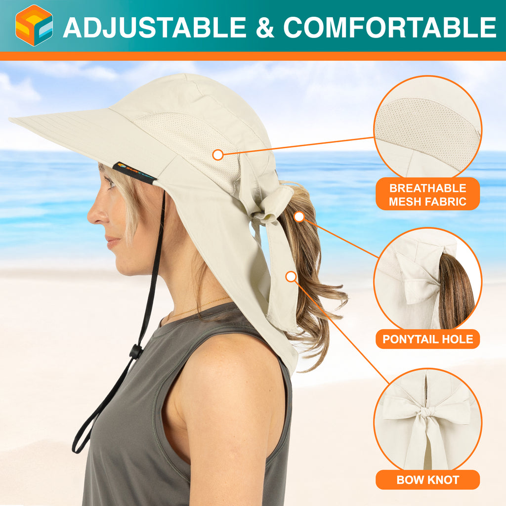 Womens Wide Brim Sun Hat with Bow and Neck Flap