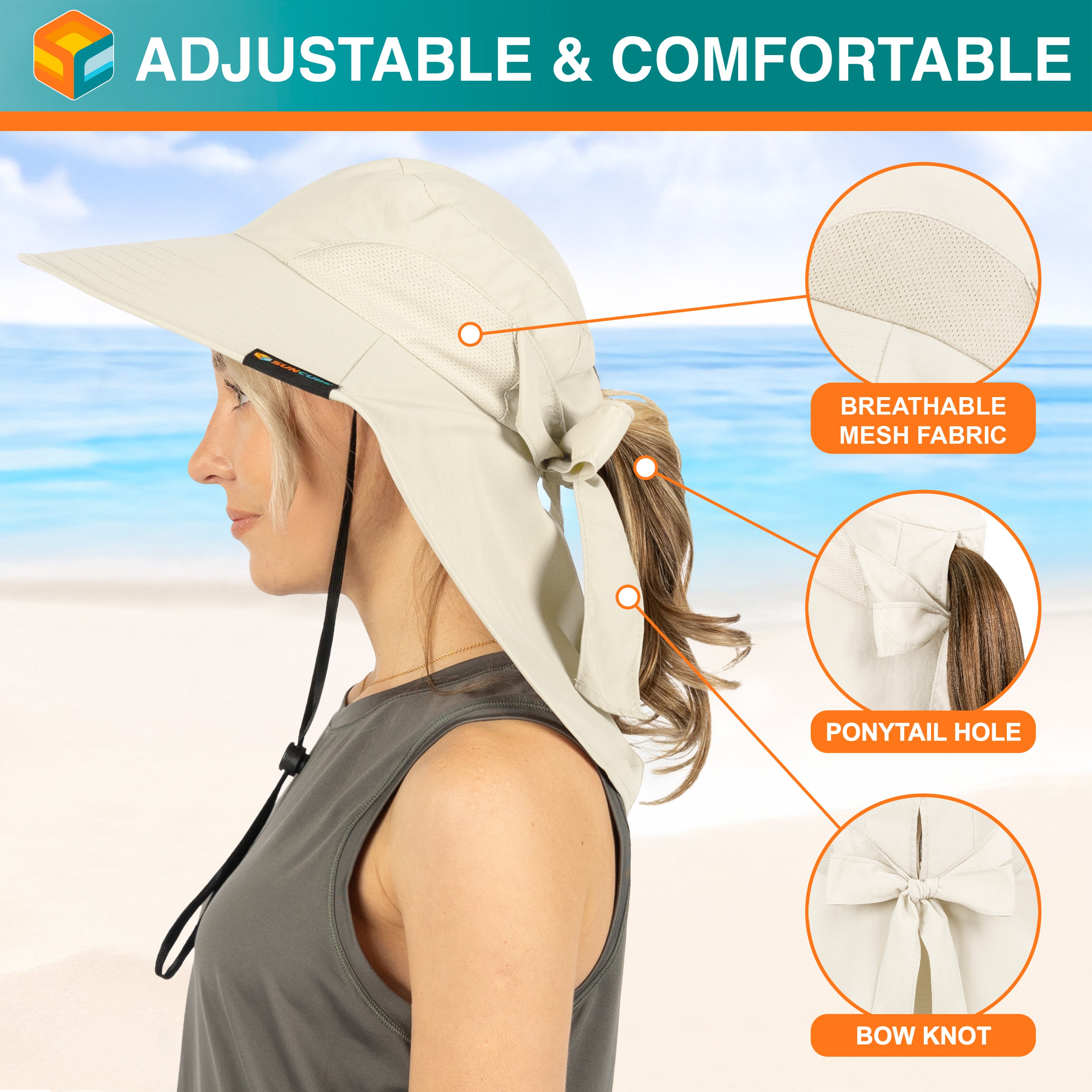 Womens Wide Brim Sun Hat with Bow and Neck Flap