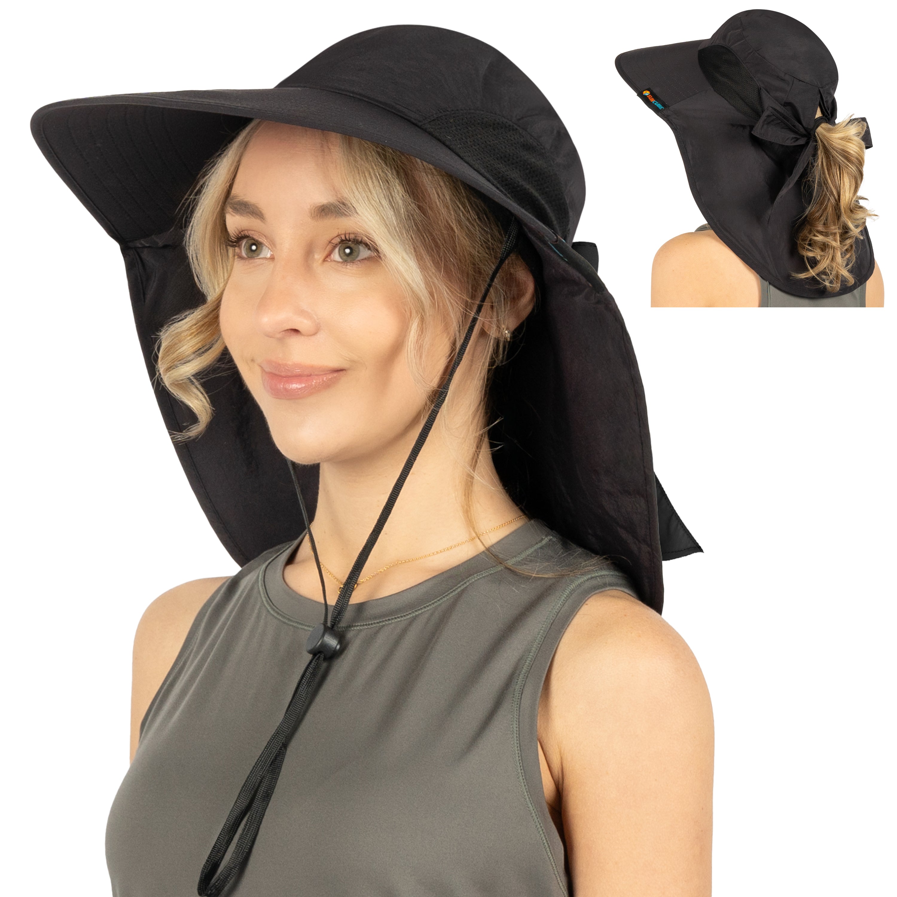 Womens Wide Brim Sun Hat with Bow and Neck Flap
