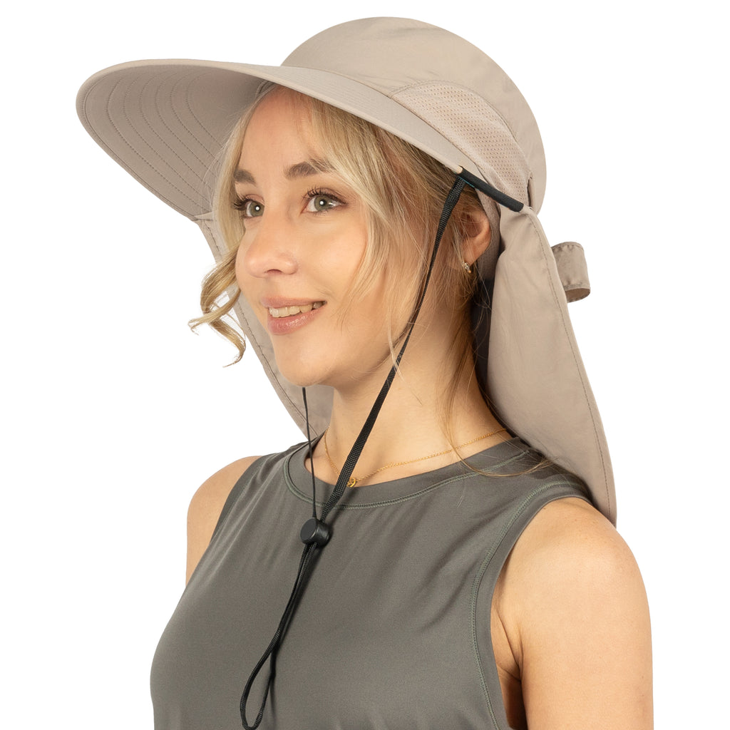 Womens Wide Brim Sun Hat with Bow and Neck Flap