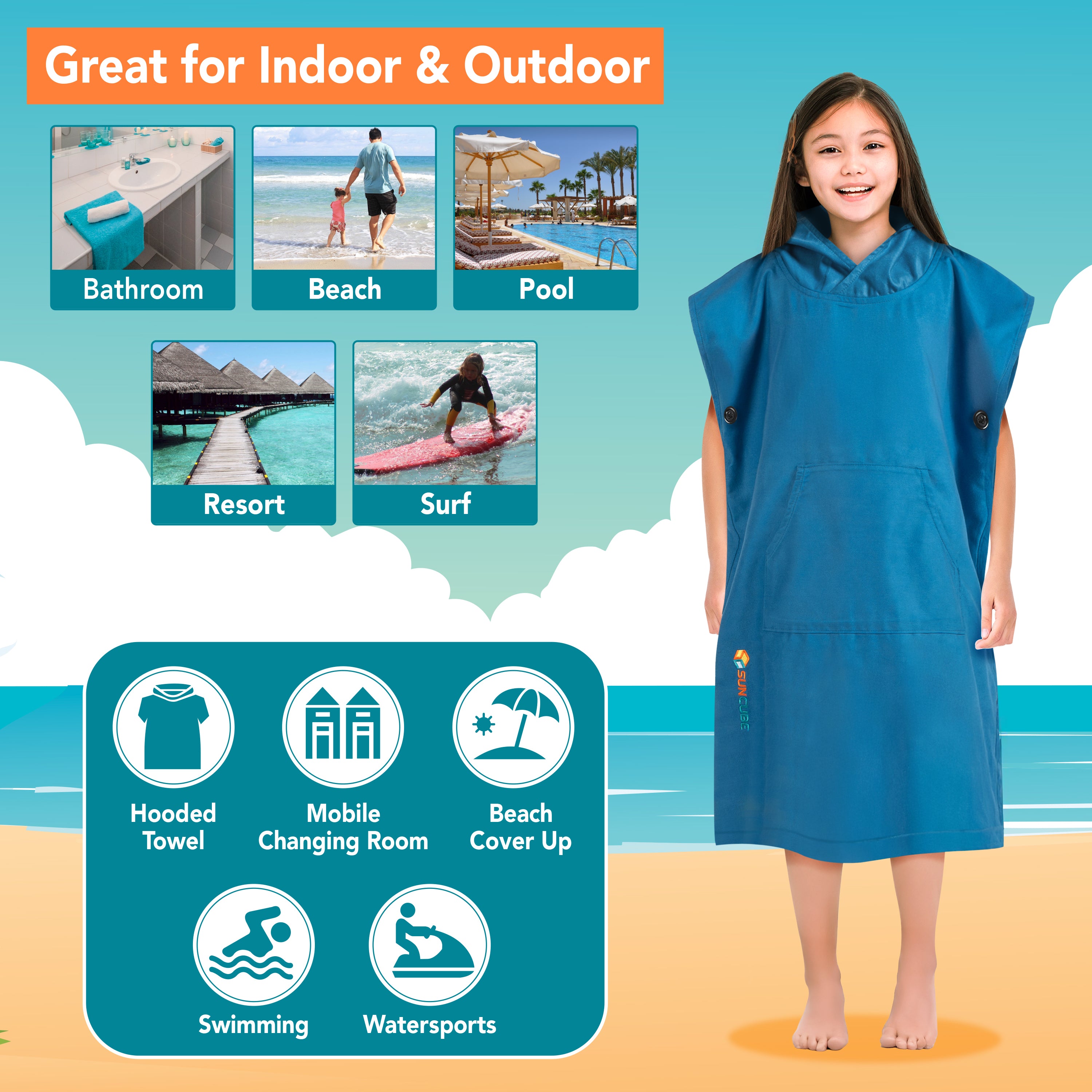 Surf Poncho Changing Robe with Hood, Microfiber - Kids / Teen