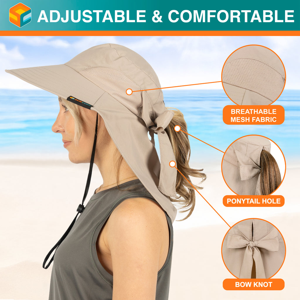 Womens Wide Brim Sun Hat with Bow and Neck Flap