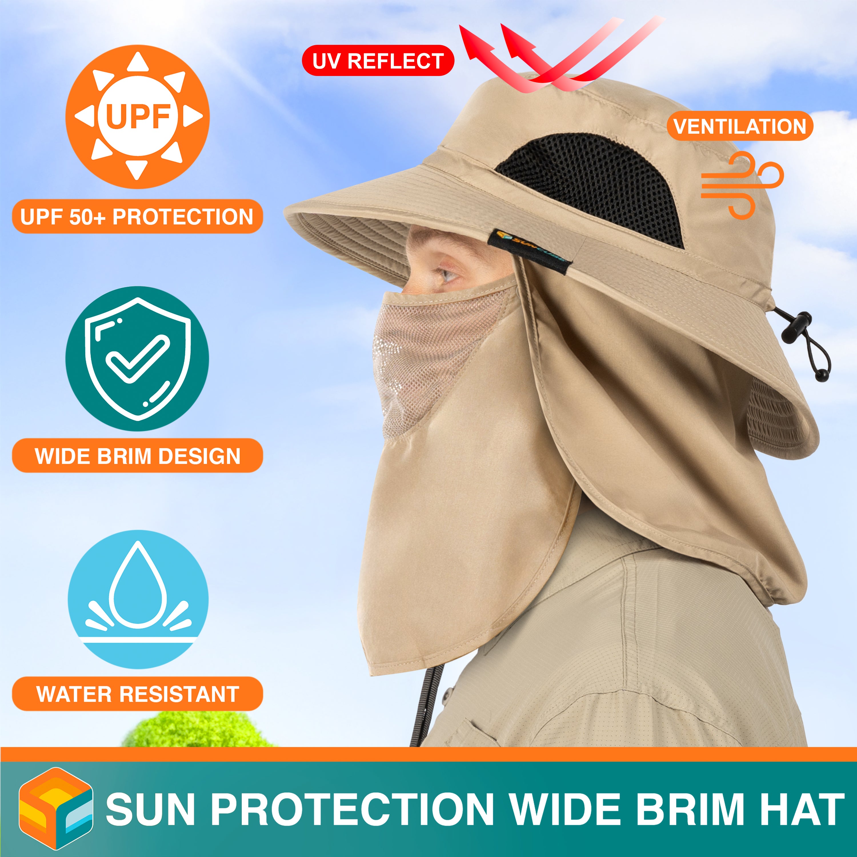Unisex Wide Brim Hat with Neck Flap and Face Cover