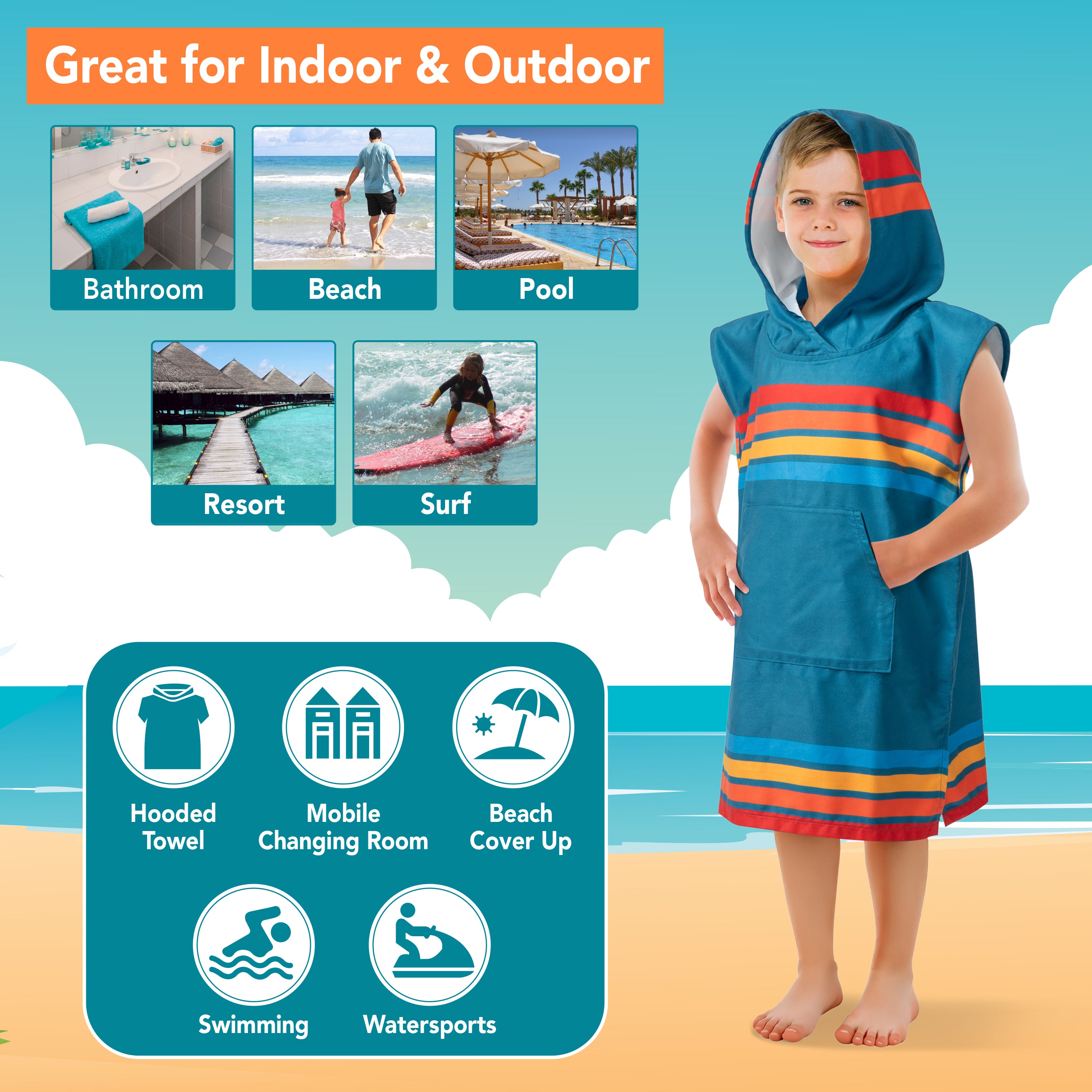 Surf Poncho Changing Robe with Hood, Microfiber - Kids / Teen